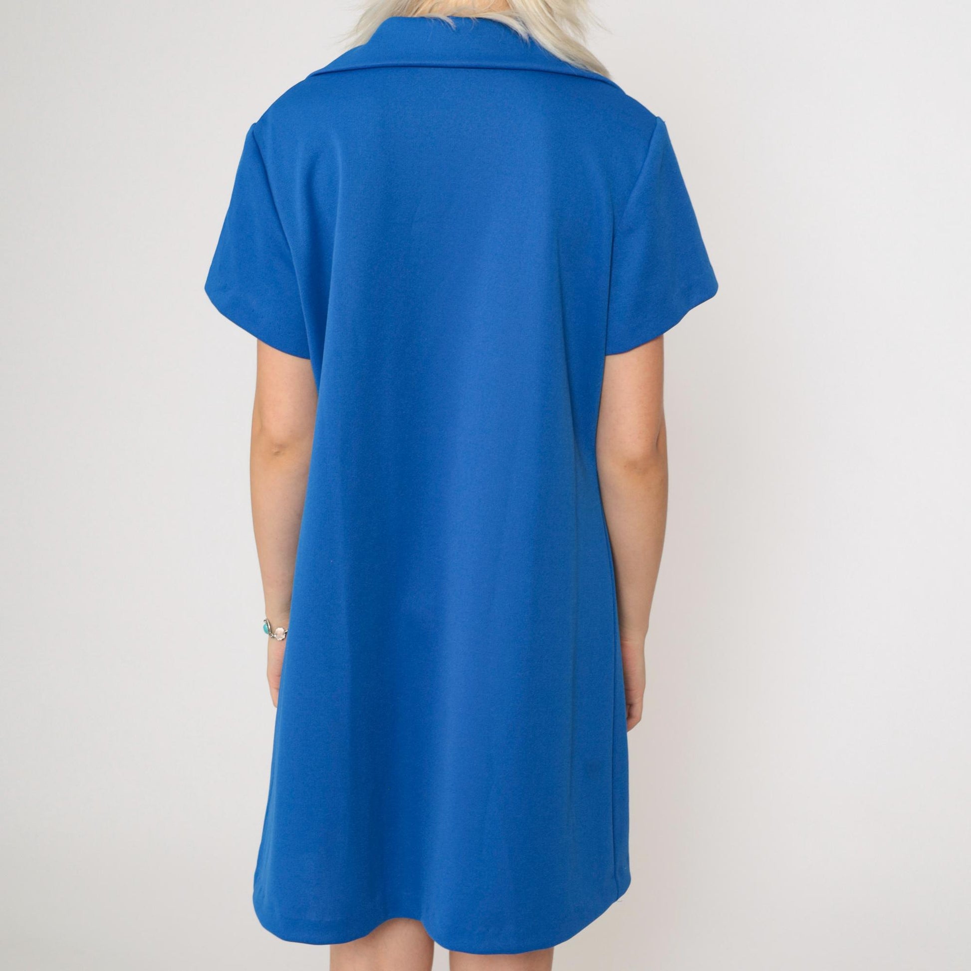 70s Mod Mini Dress Royal Blue Front Zip Shift Dress Short Sleeve Large L