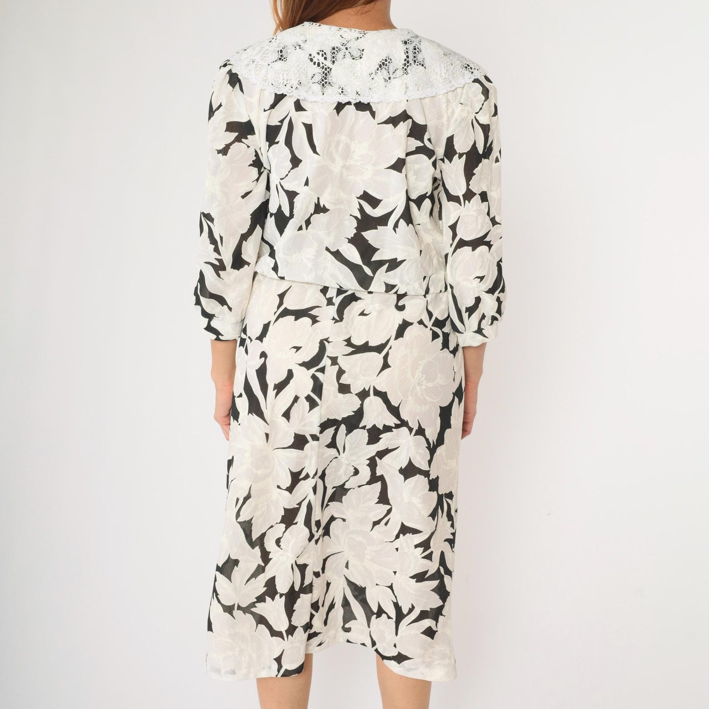 80s Black White Floral Midi Dress Lace Collar Puff Sleeve Small Medium