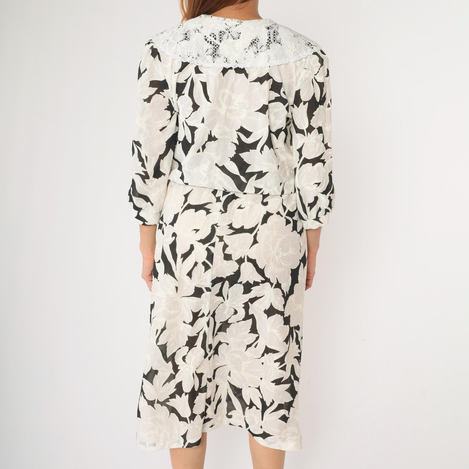 80s Black White Floral Midi Dress Lace Collar Puff Sleeve Small Medium