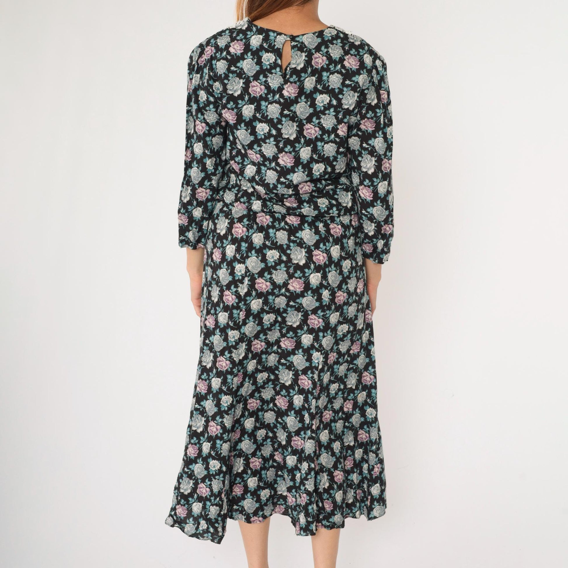 90s Starlo Fashions Floral Midi Dress Lace Collar Puff Sleeve Black Large