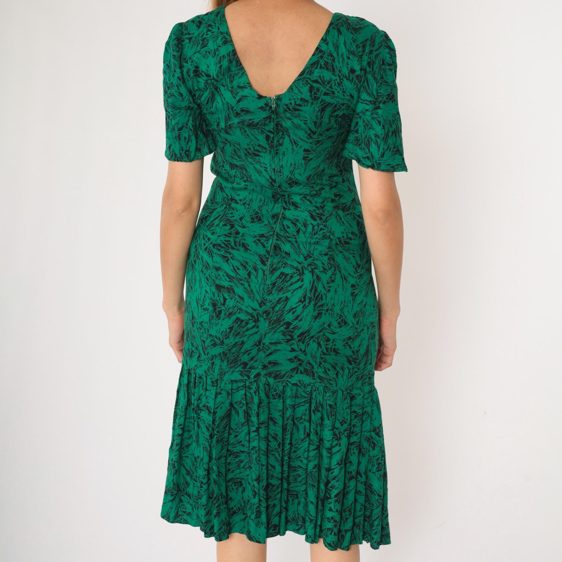 80s Green Abstract Leaf Print Midi Dress Puff Sleeve Drop Waist Small