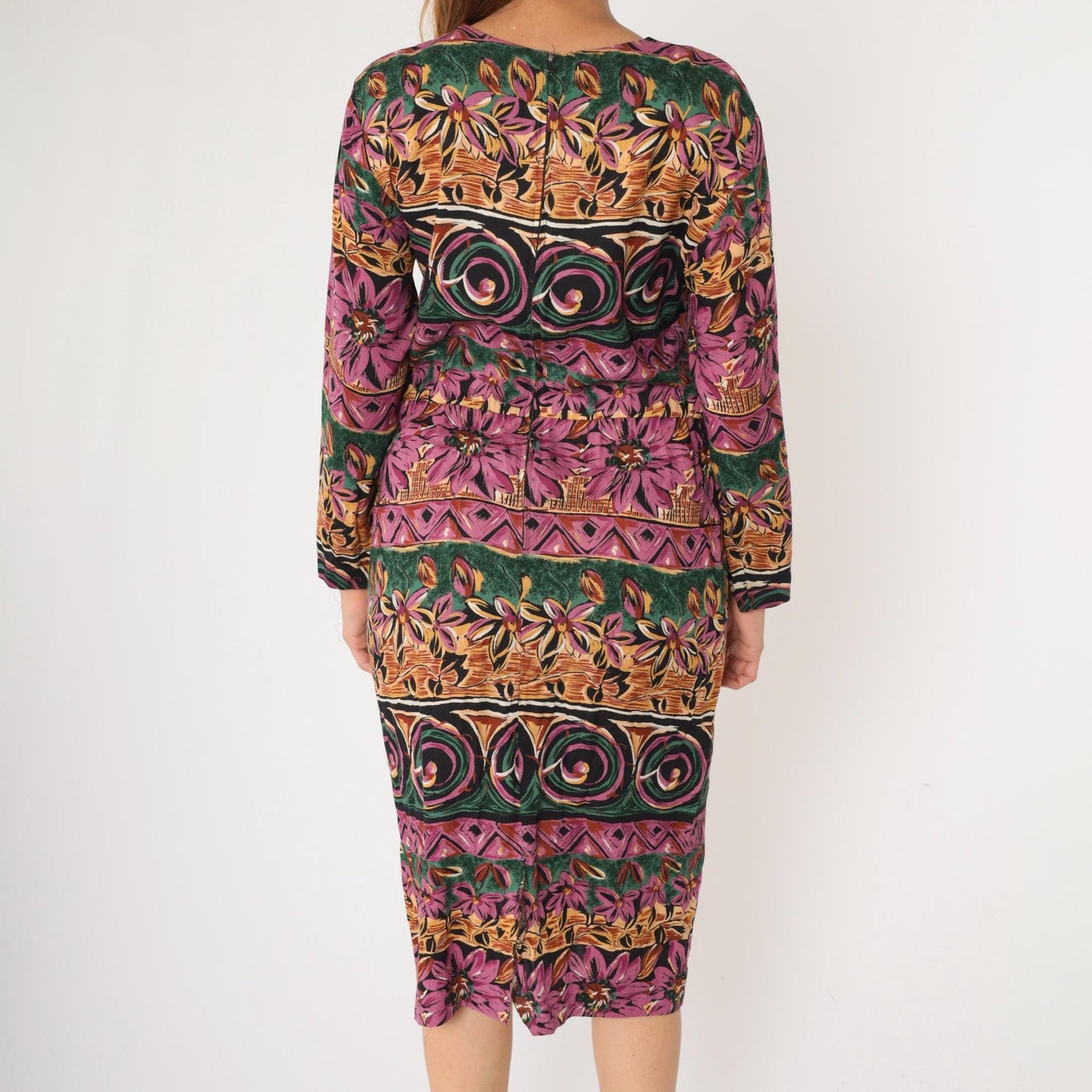 90s Geometric Floral Midi Dress Purple Green High Waist Long Sleeve Medium