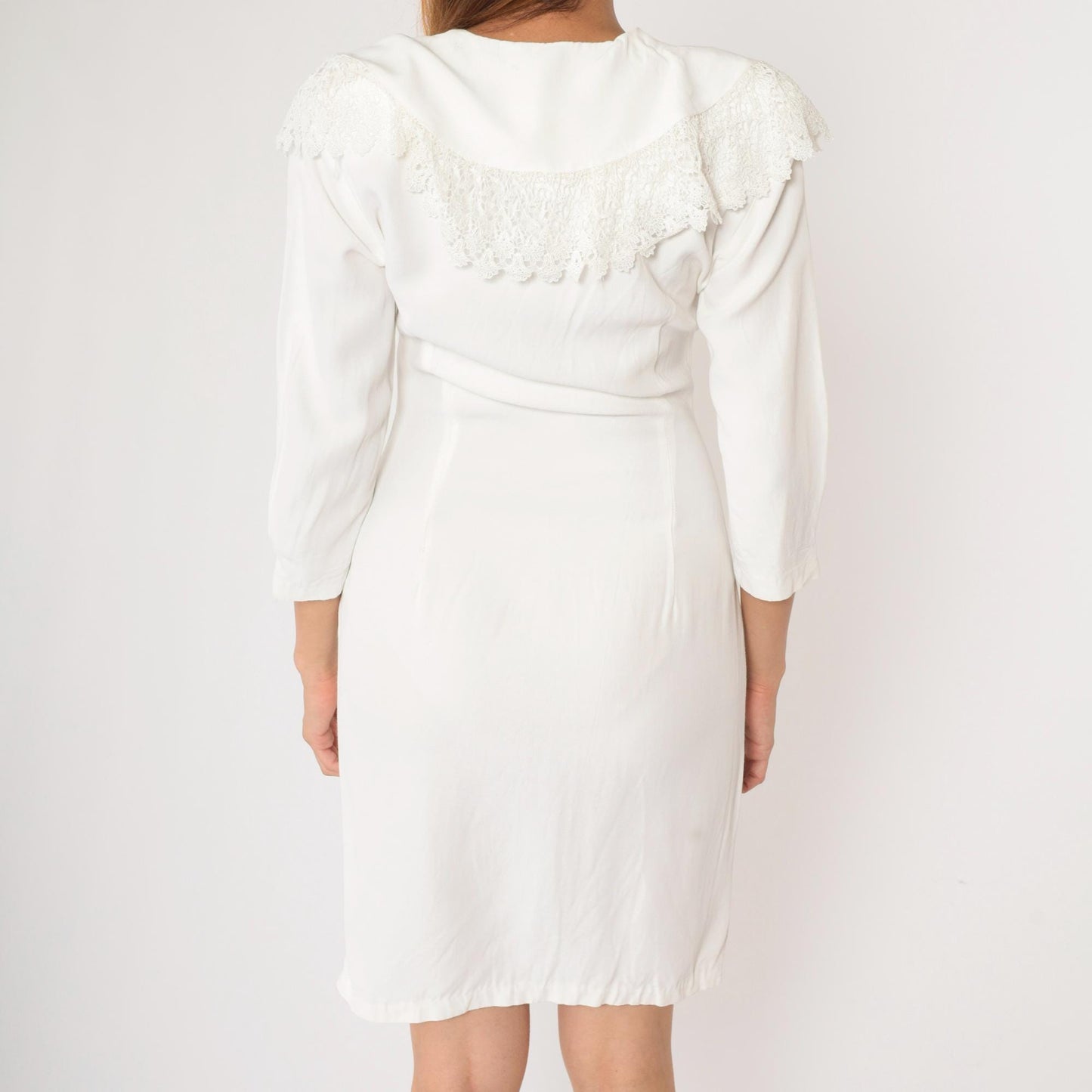 90s White Mini Dress Lace Collar Button-Up Sheath 3/4 Sleeve Medium