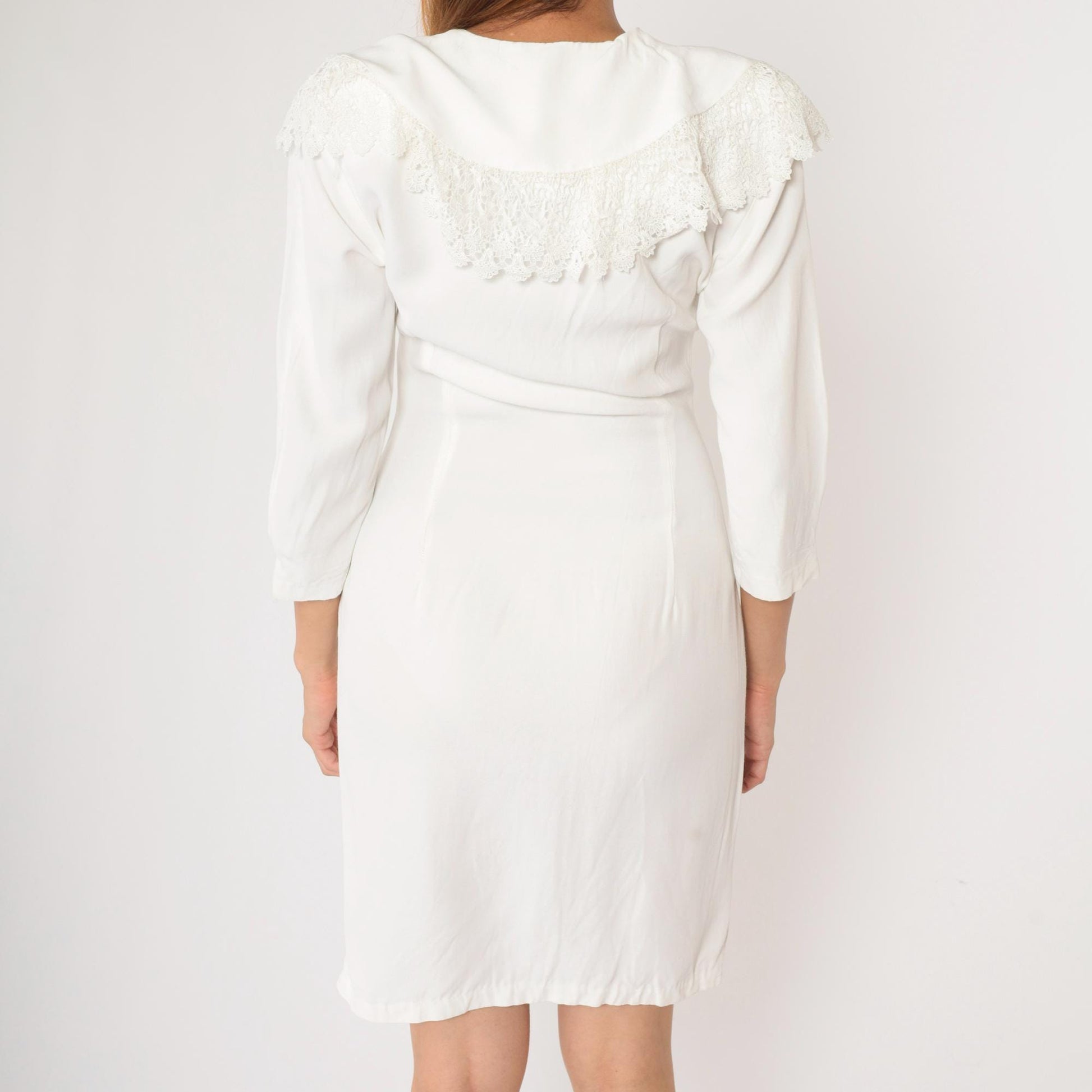 90s White Mini Dress Lace Collar Button-Up Sheath 3/4 Sleeve Medium