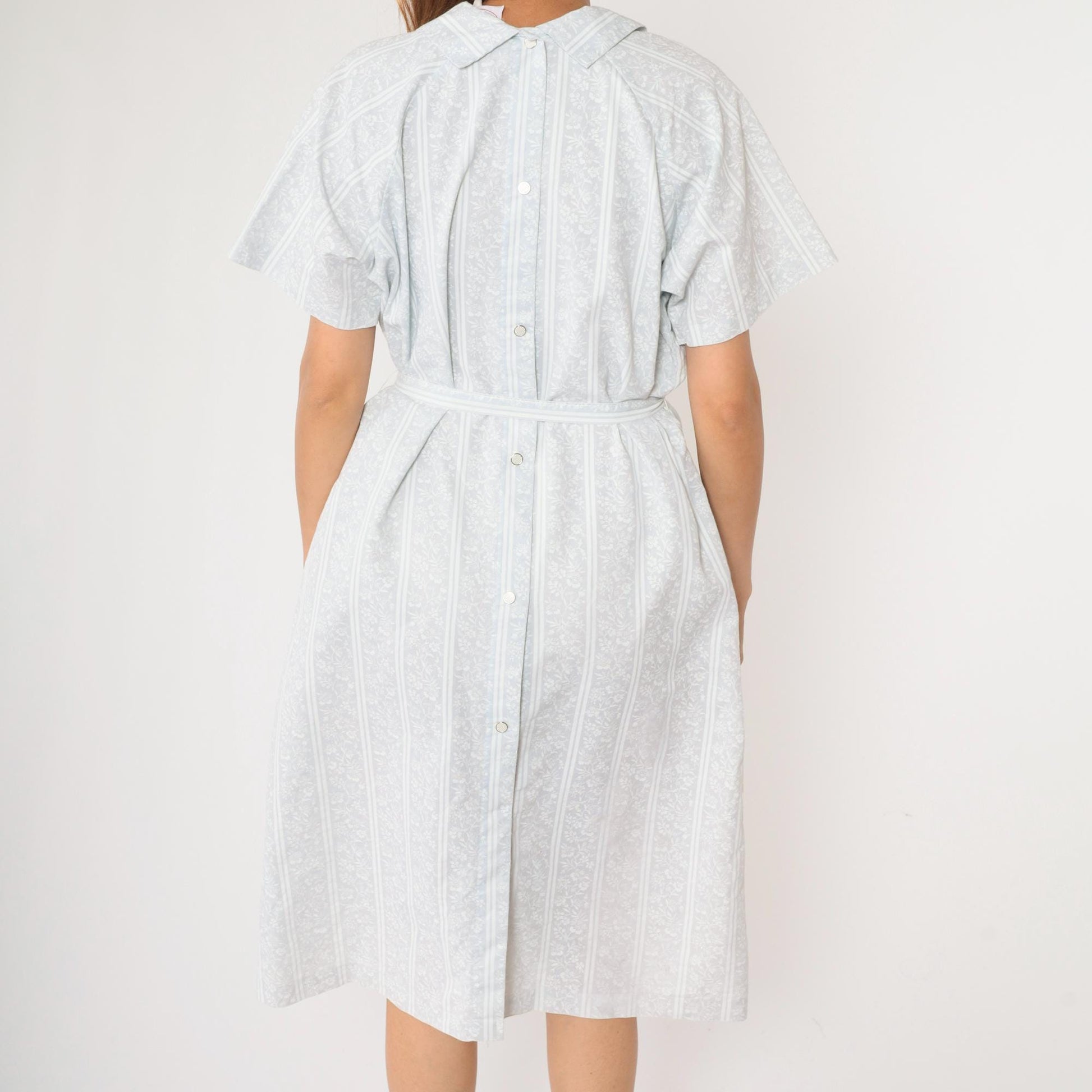 70s American Frock Baby Blue Floral Striped Midi Shirt Dress Large
