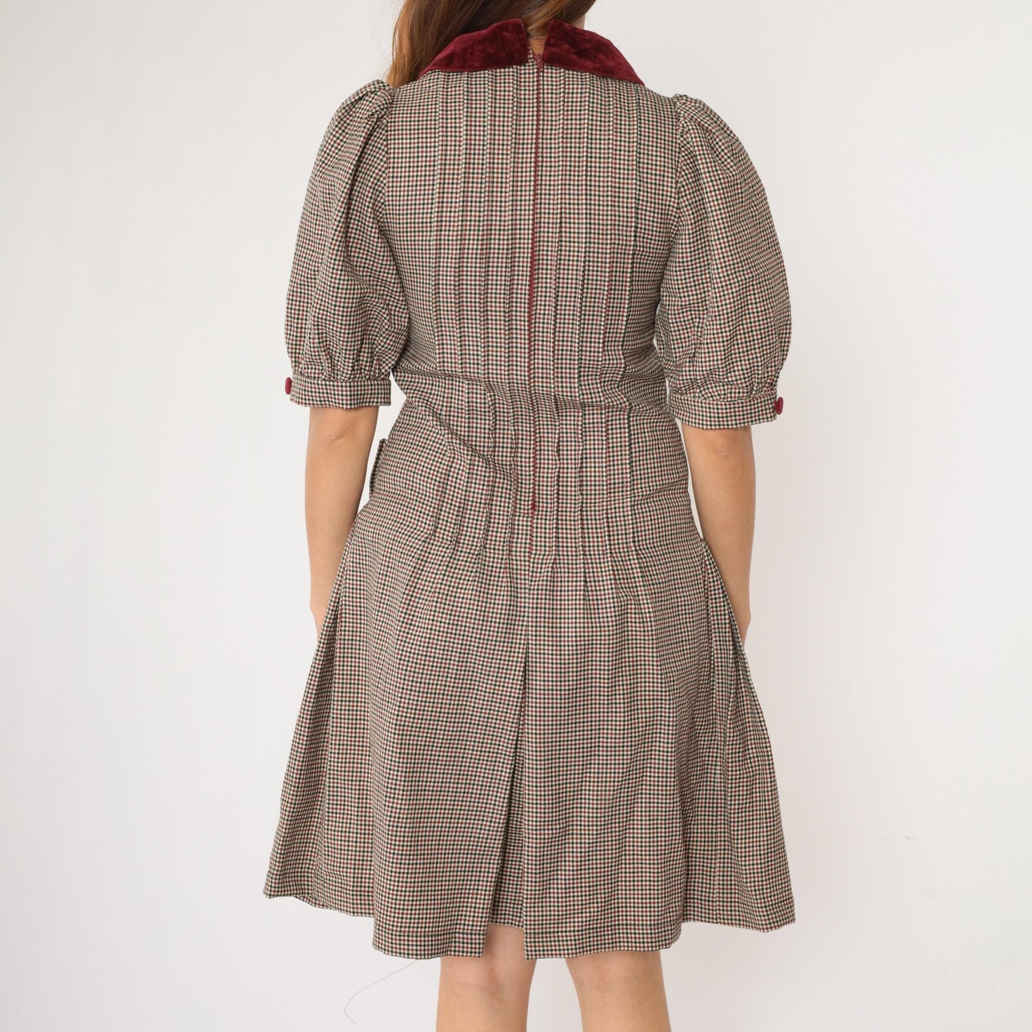 80s Bellville Sassoon Houndstooth Wool Dress Red Black Velvet Collar Knee Length Extra Small