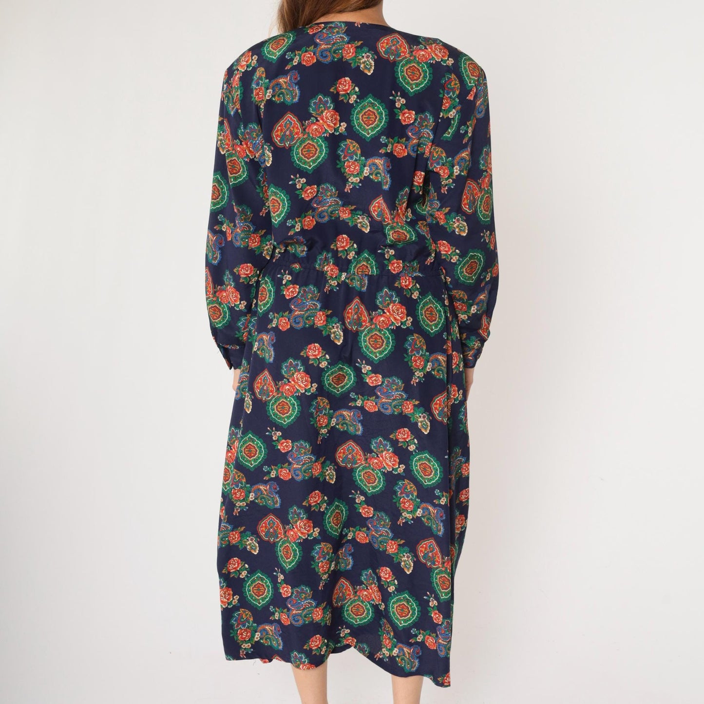 90s Liz Claiborne Paisley Floral Midi Dress Dark Blue High-Waisted Long Sleeve Large
