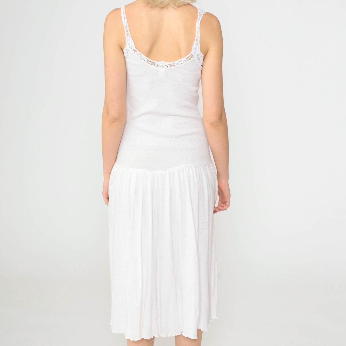 90s White Cotton Slip Dress Midi Lace Trim Spaghetti Strap Small