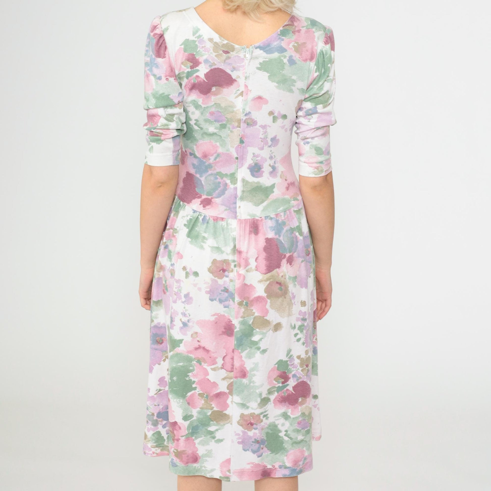 80s Floral Midi Dress Puff Sleeve Drop Waist Watercolor Print White Small