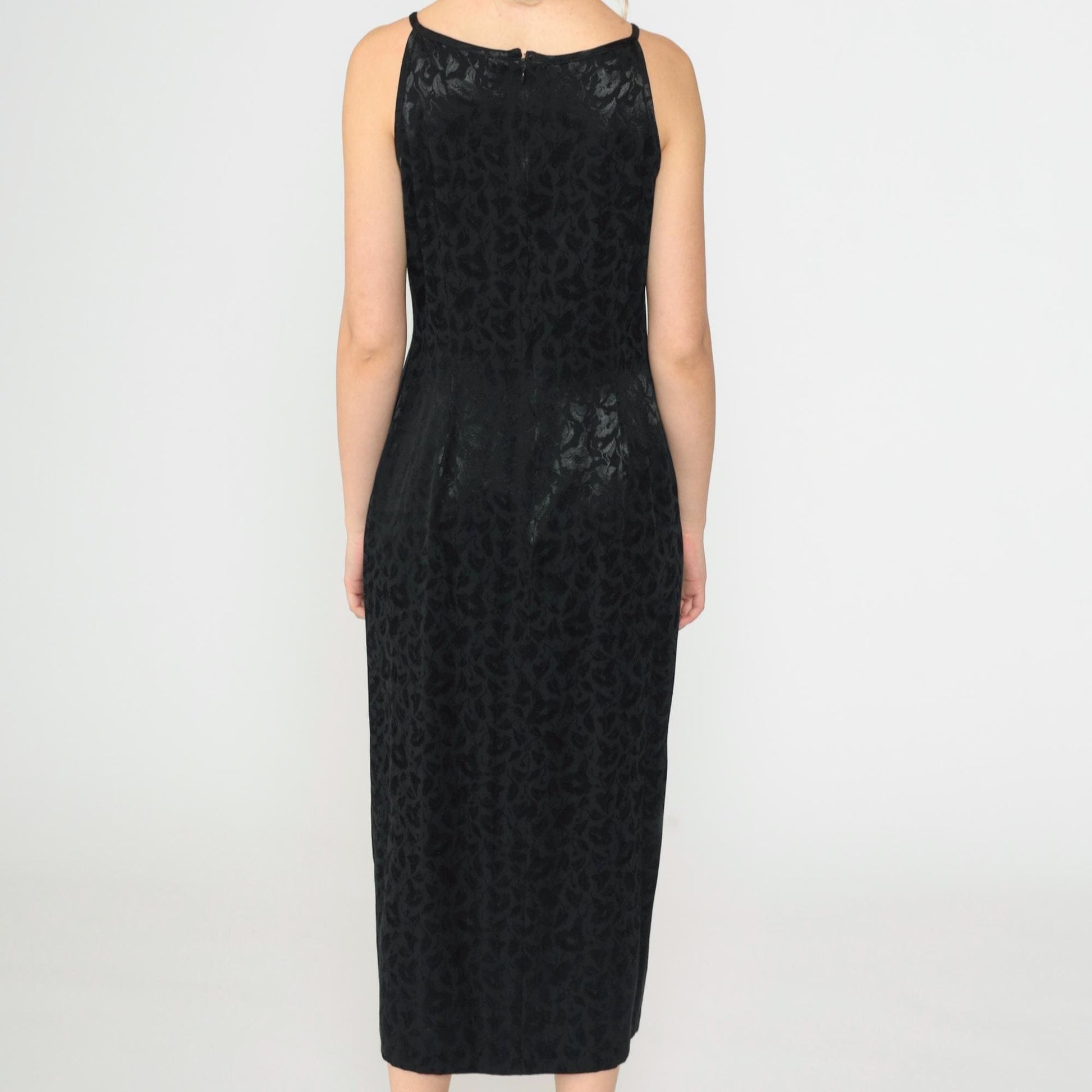 90s Black Jacquard Floral Midi Dress Spaghetti Strap Side Slit Sheath Medium 8