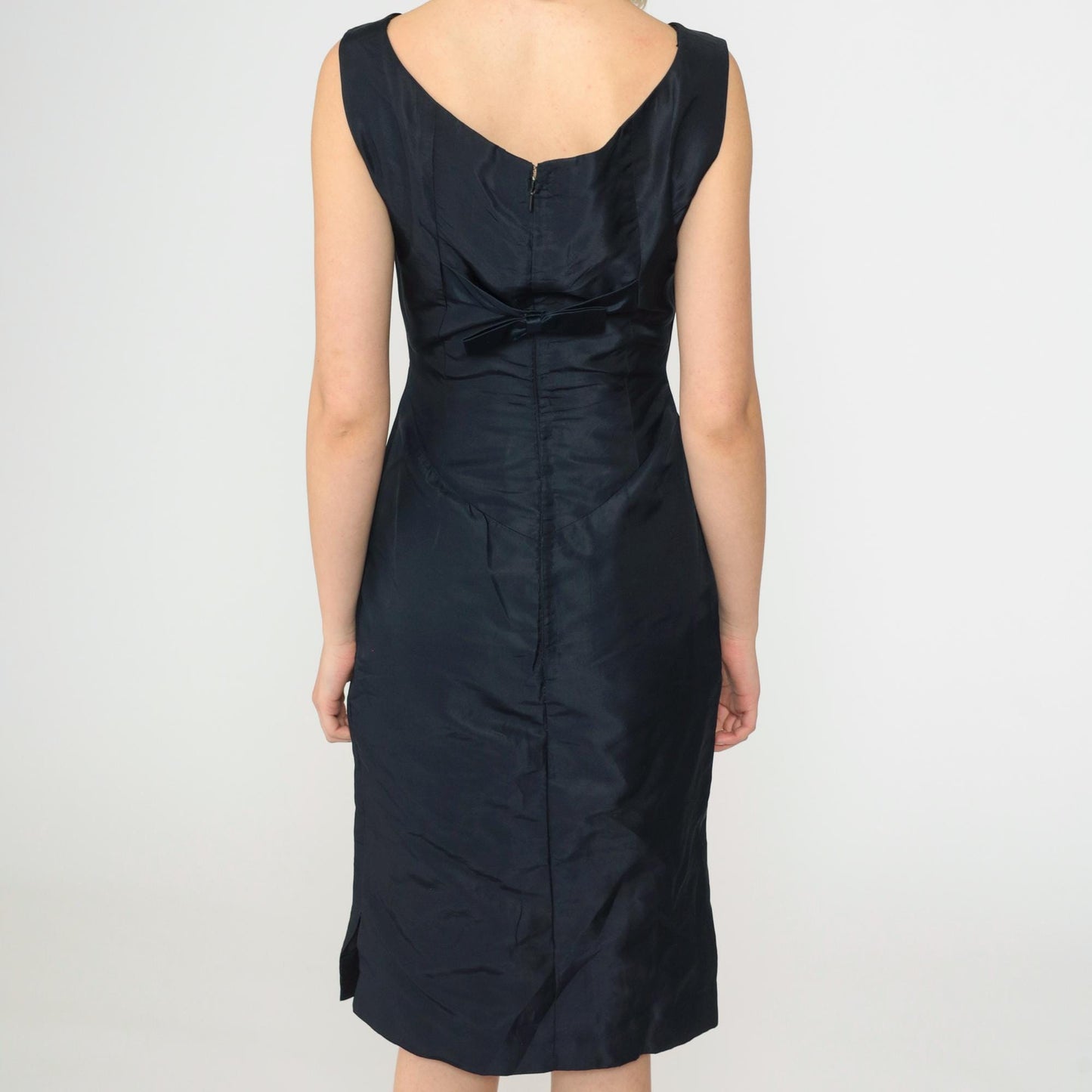 1950s Navy Cocktail Dress Soutache Lace Square Neckline Bow Back Knee-Length Extra Small