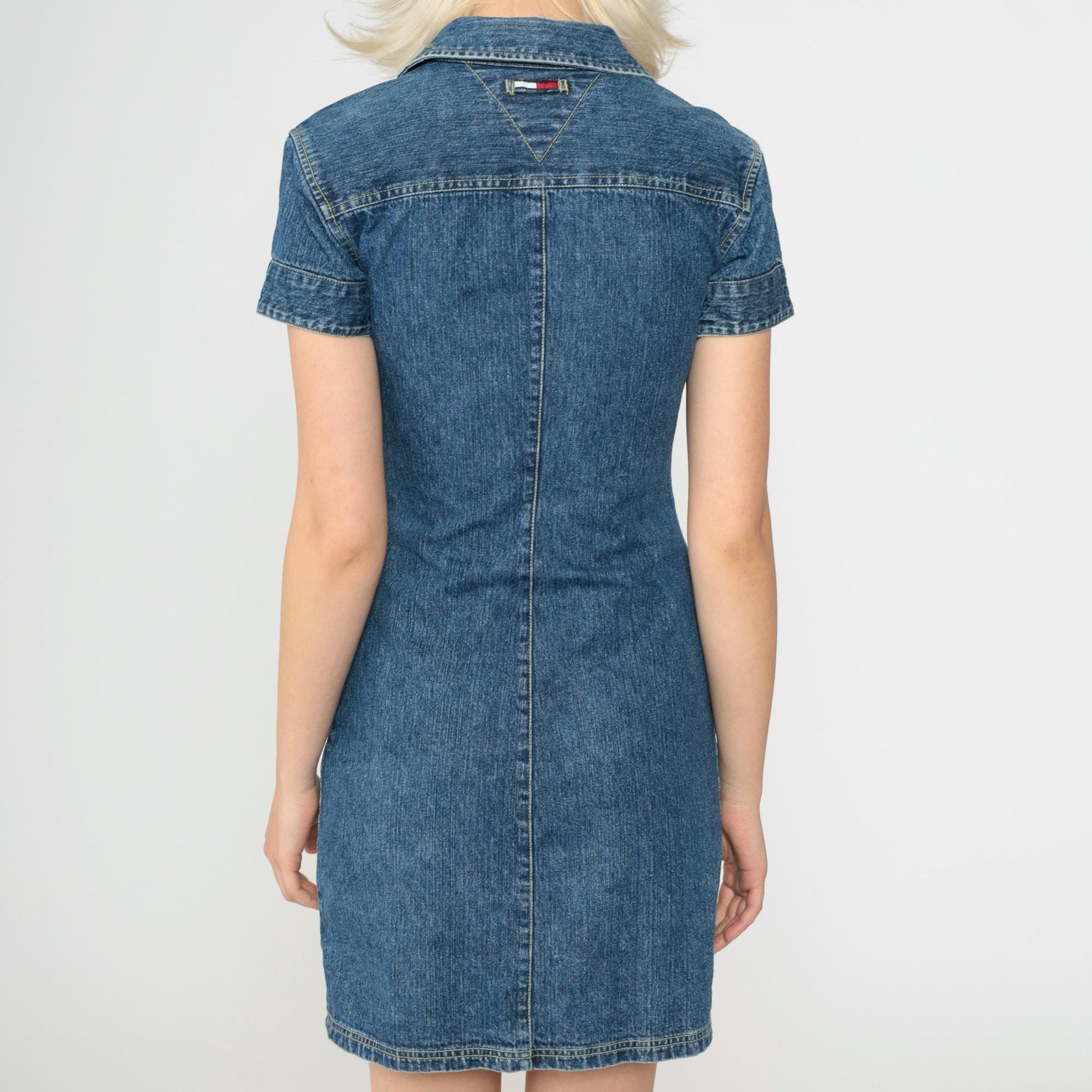 90s Tommy Hilfiger Blue Denim Mini Dress Button-Up Short Sleeve Extra Small