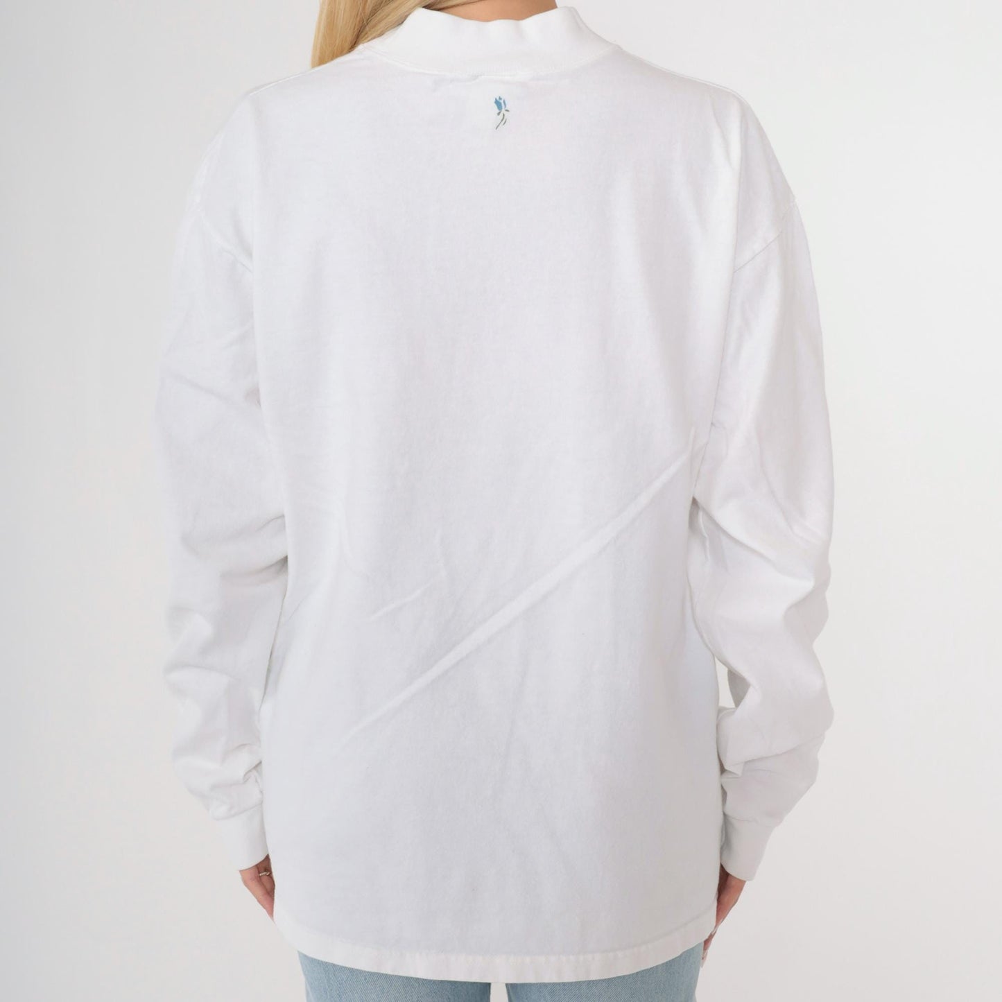 Y2K Wildflower Graphic Mock Neck Long Sleeve Tee White Cotton Large L