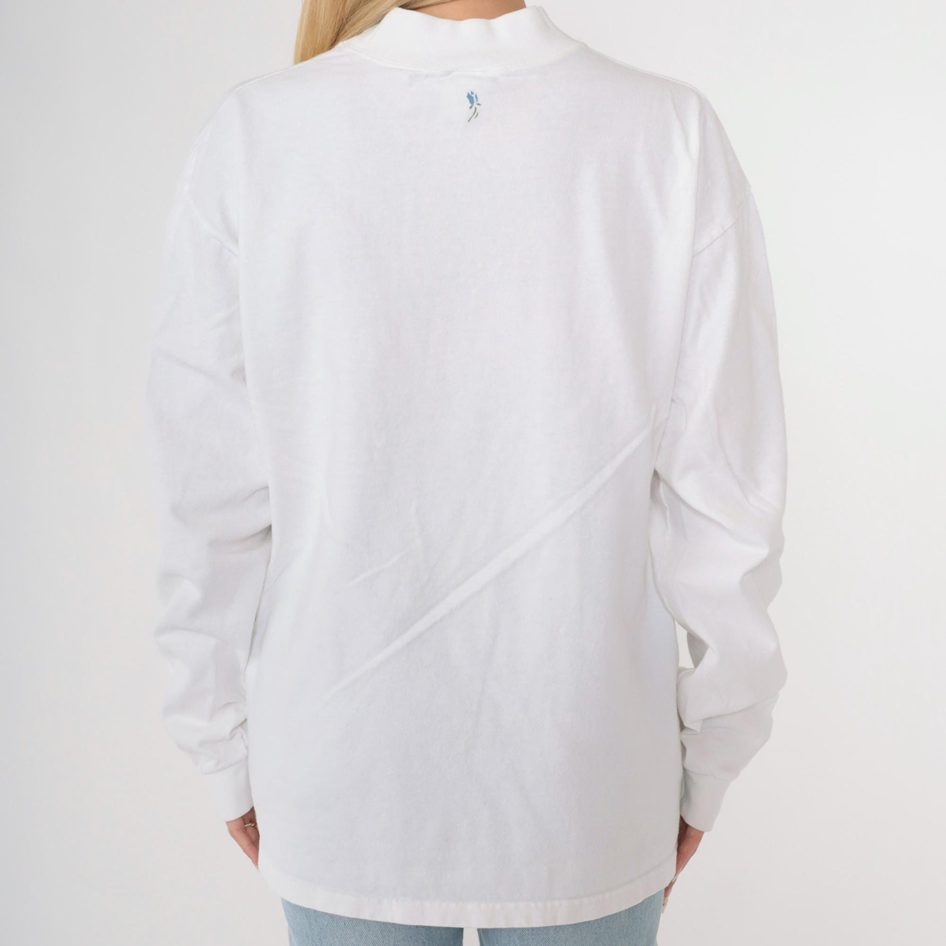 Y2K Wildflower Graphic Mock Neck Long Sleeve Tee White Cotton Large L