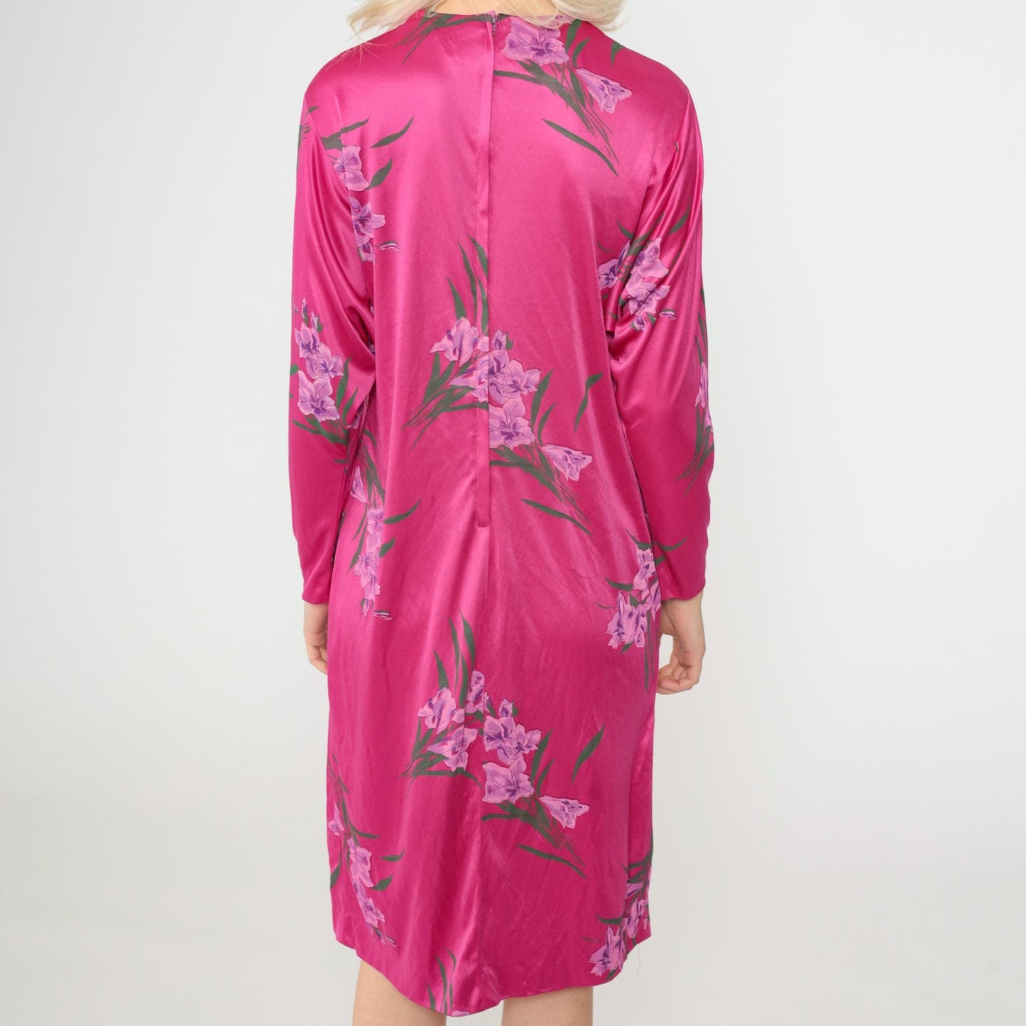 70s Floral Shift Dress Bright Pink Tropical Print Long Sleeve Midi Medium