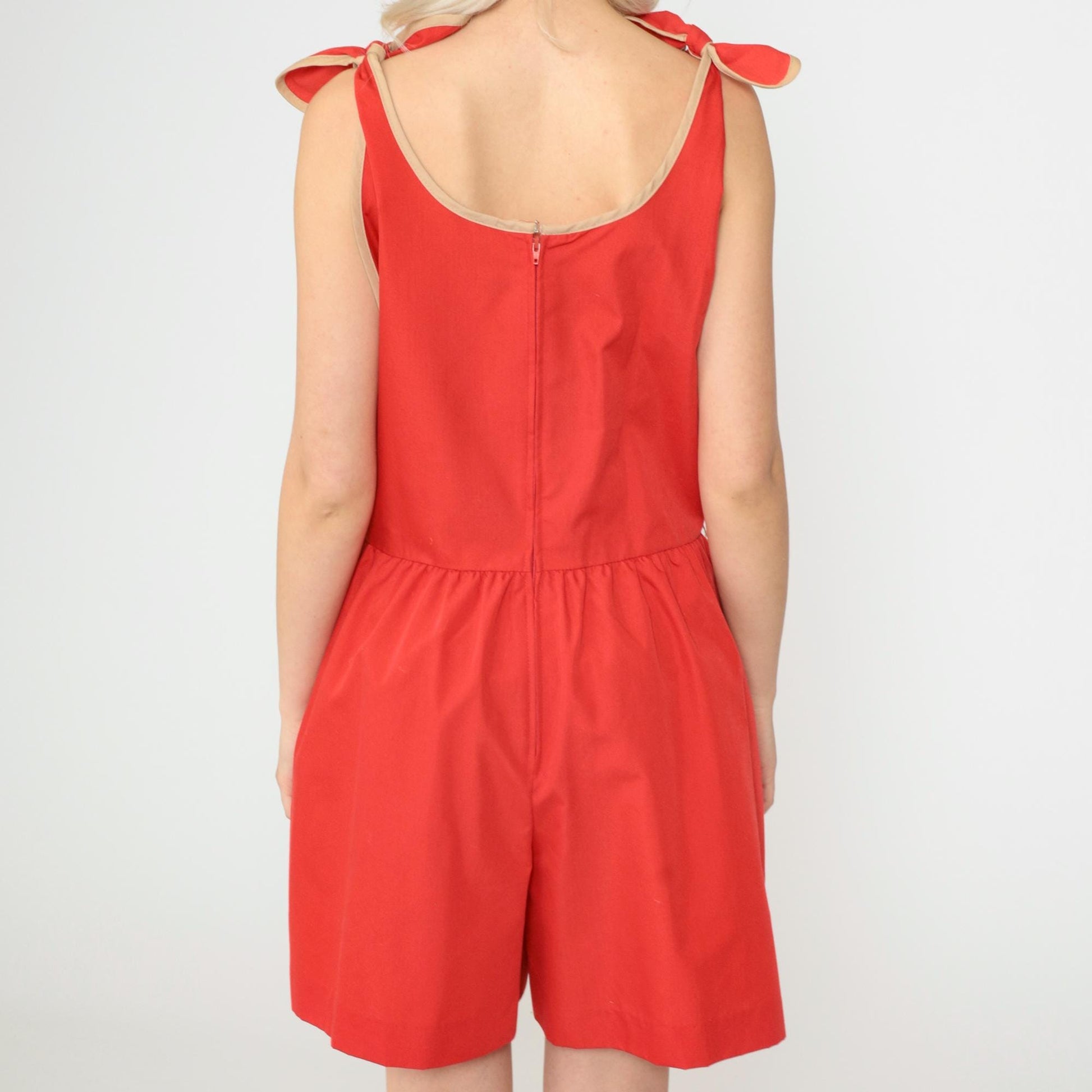80s Red Ringer Romper Playsuit Tie Shoulder High Waist Sleeveless Medium