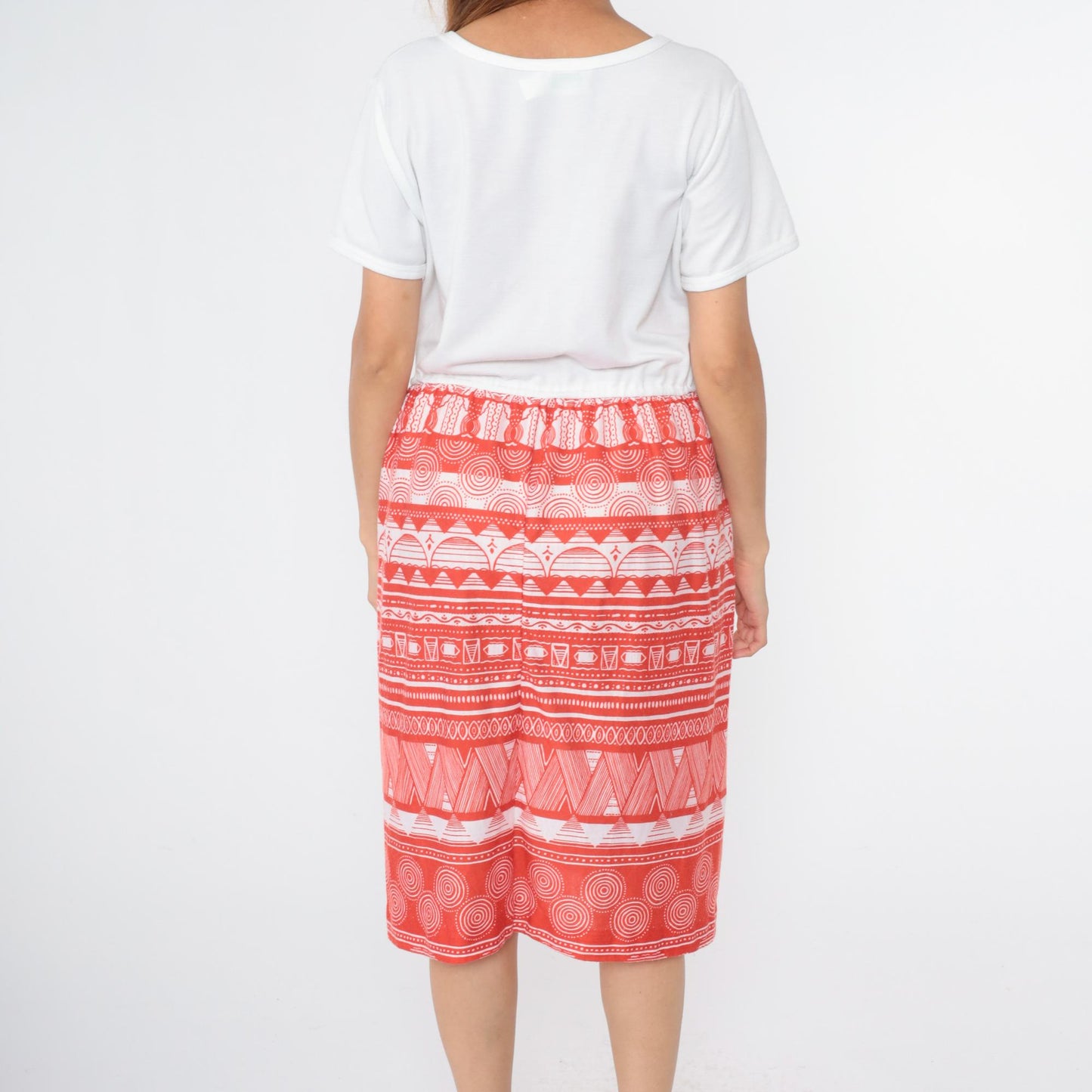 70s Flair of Miami Midi Dress White Red Geometric Print Elastic Waist Medium