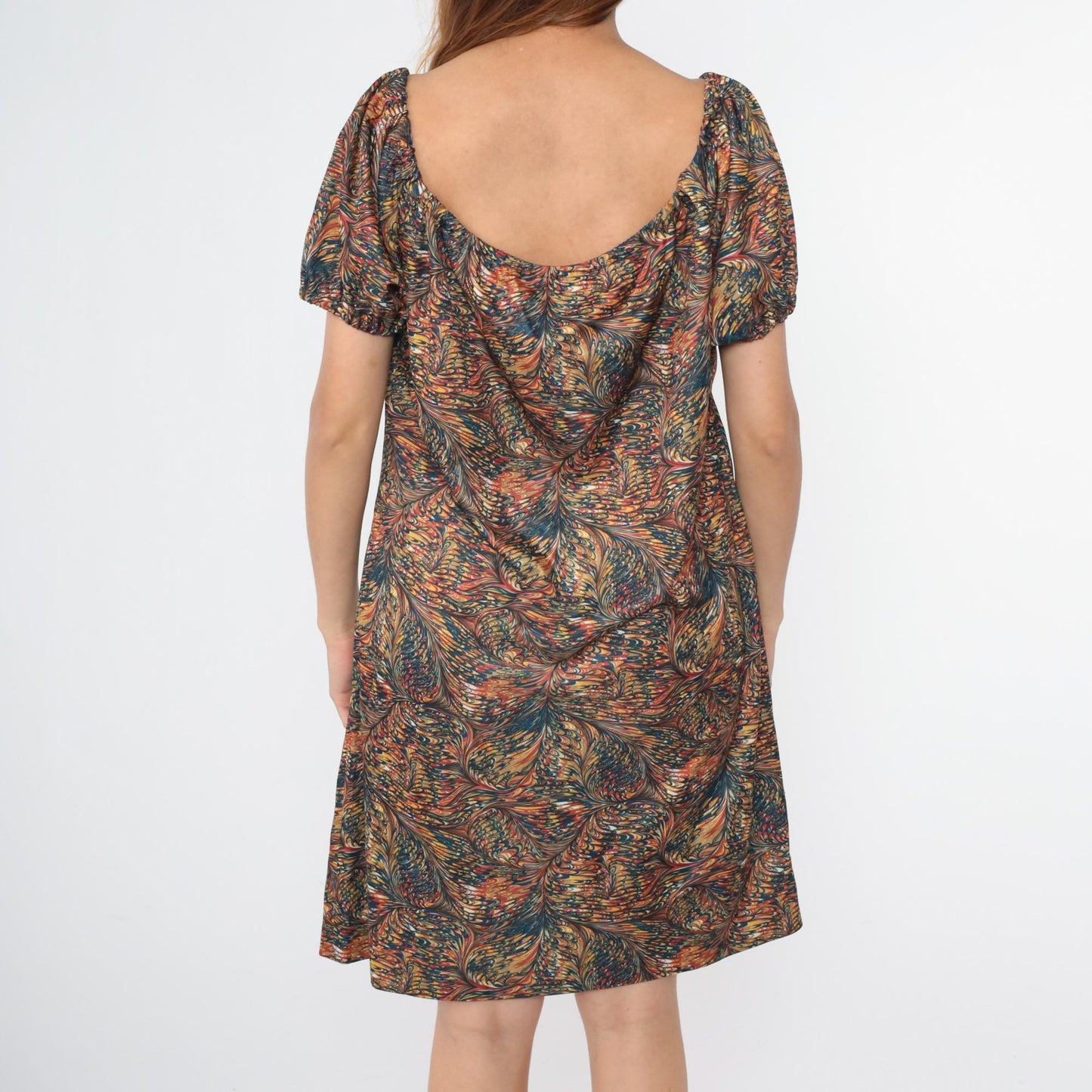 70s Psychedelic Feather Print Shift Dress Elastic Neckline Knee Length Large