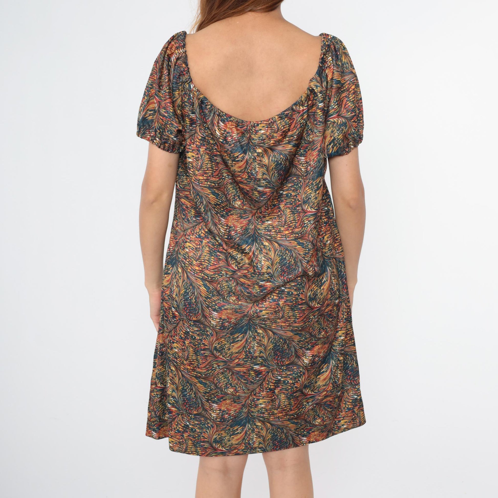 70s Psychedelic Feather Print Shift Dress Elastic Neckline Knee Length Large