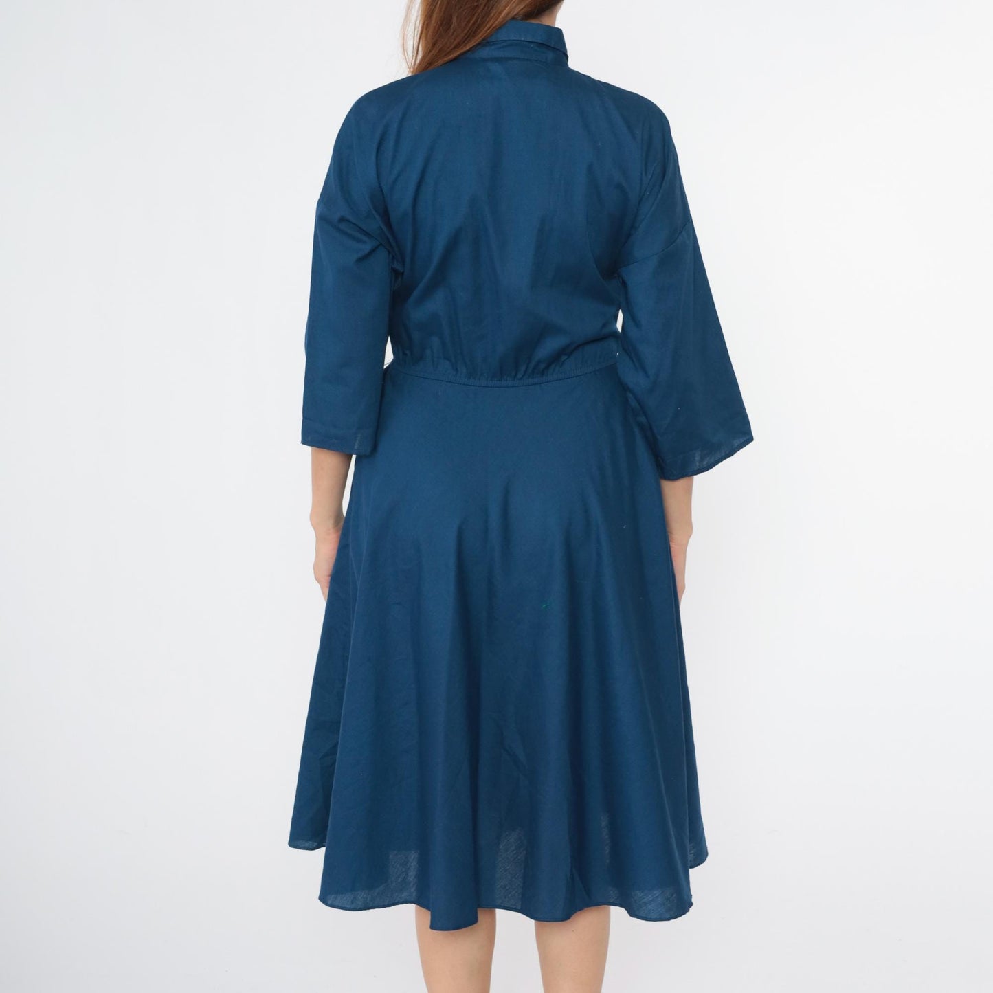 80s The American Shirt Dress Navy Blue Button-Up Midi Collared Small Medium