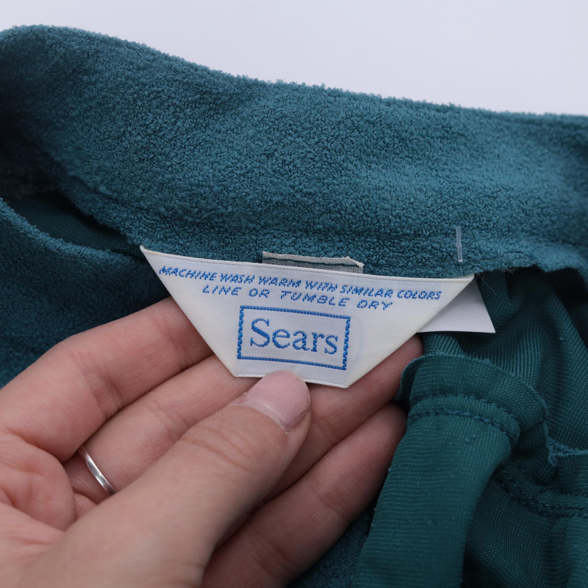 80s Teal Terry Cloth Midi Dress Mandarin Collar High Waist Long Sleeve Small