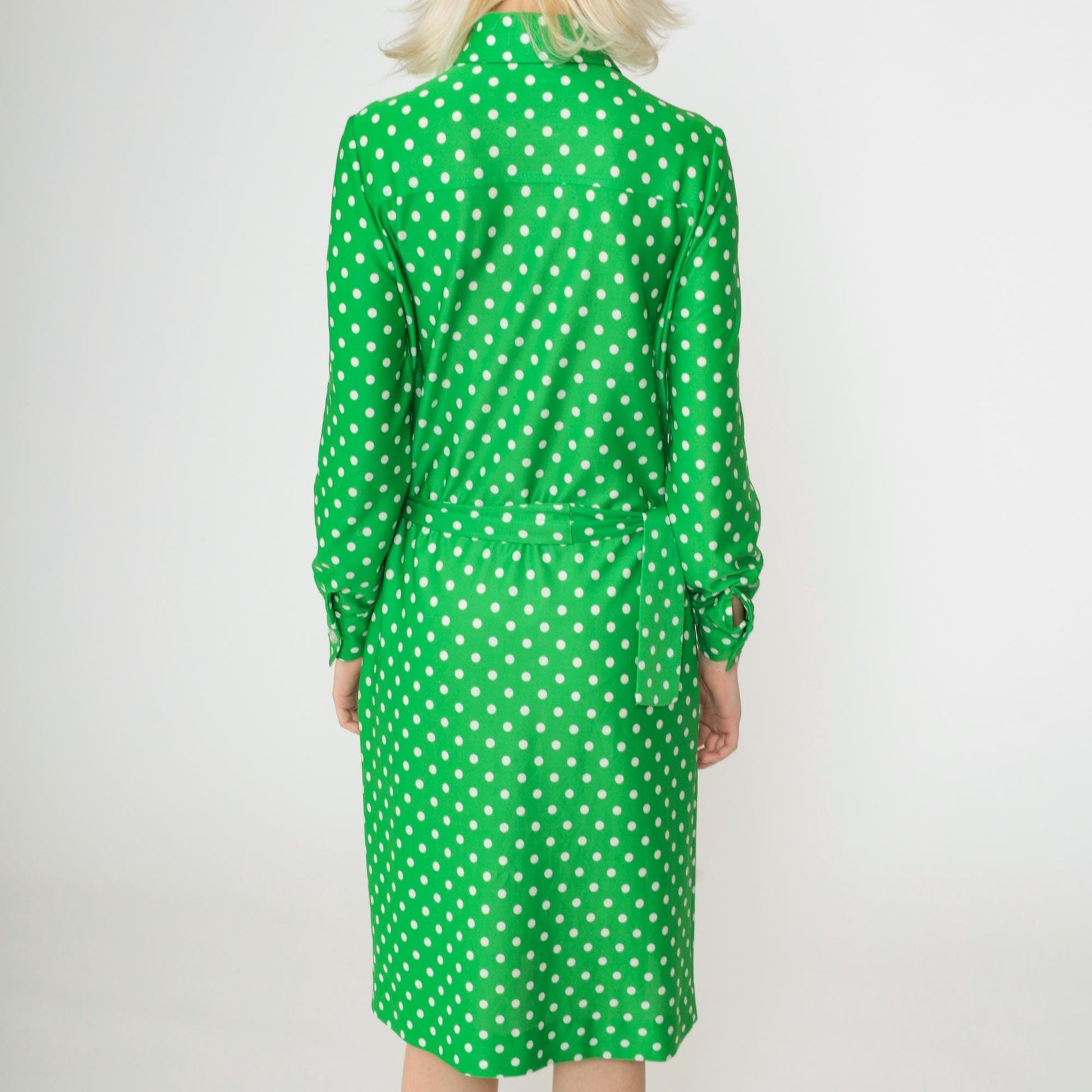 70s Green Polka Dot Shirtdress Midi Button-Up Dagger Collar Small S
