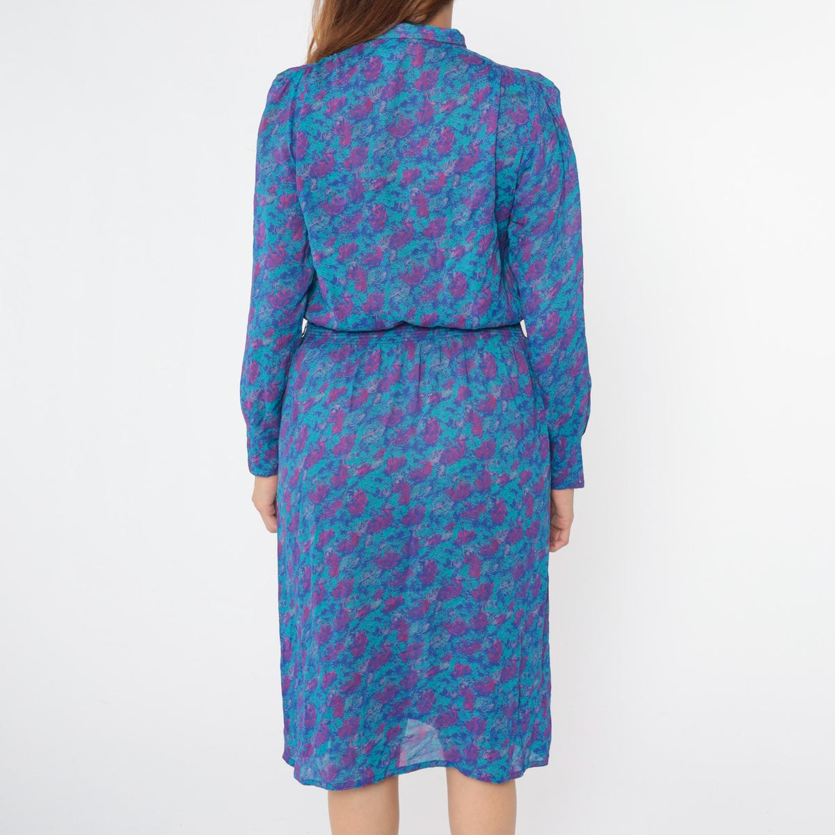 80s Abstract Leaf Print Midi Dress Puff Sleeve Button Up Turquoise Small