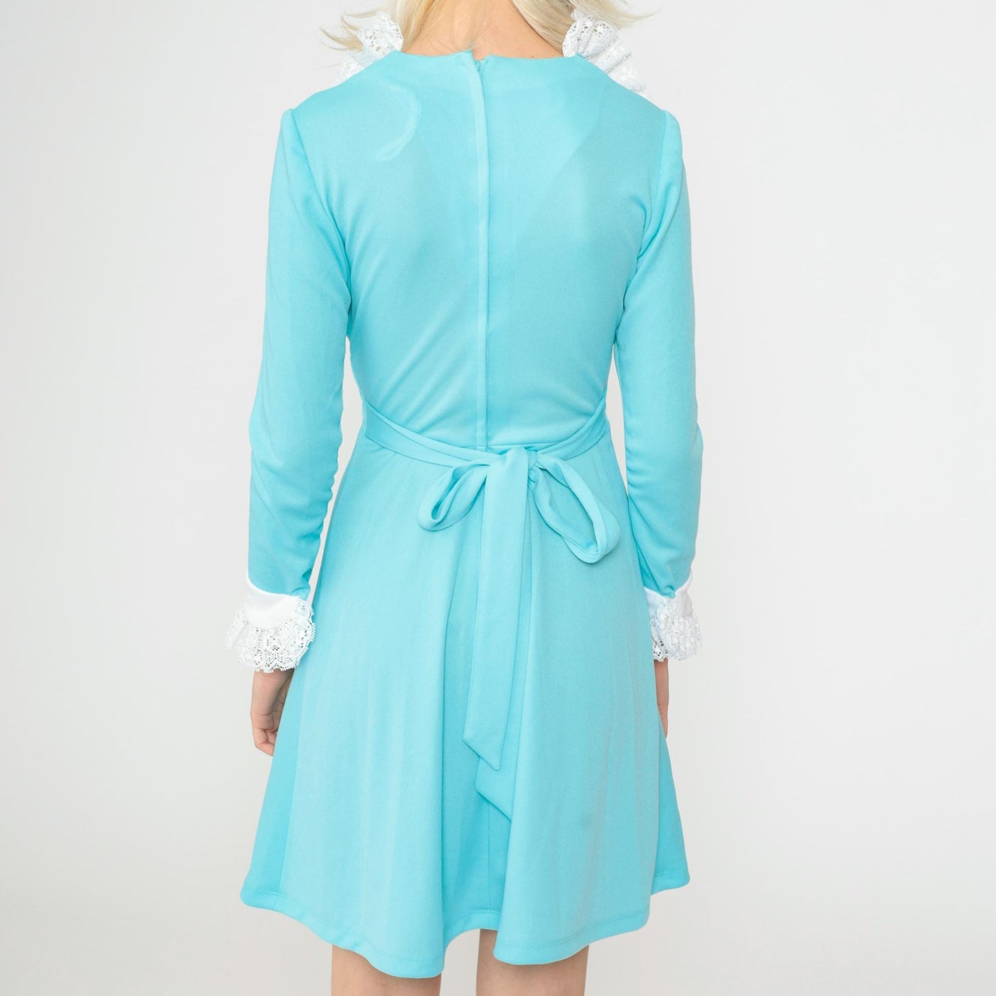 70s Blue Babydoll Dress White Collar Lace Trim Empire Waist Mini Small