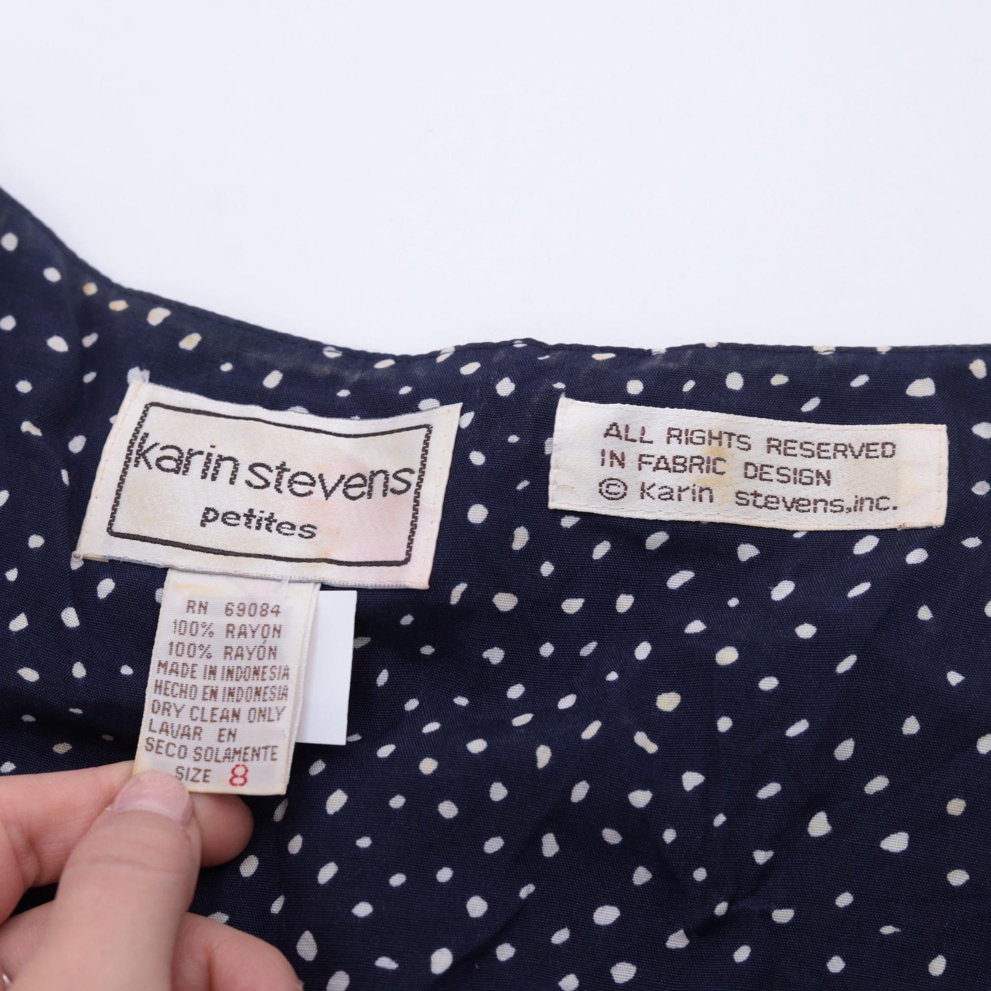 90s Karin Stevens Navy Polka Dot Midi Dress Button Up High Waist Medium 8