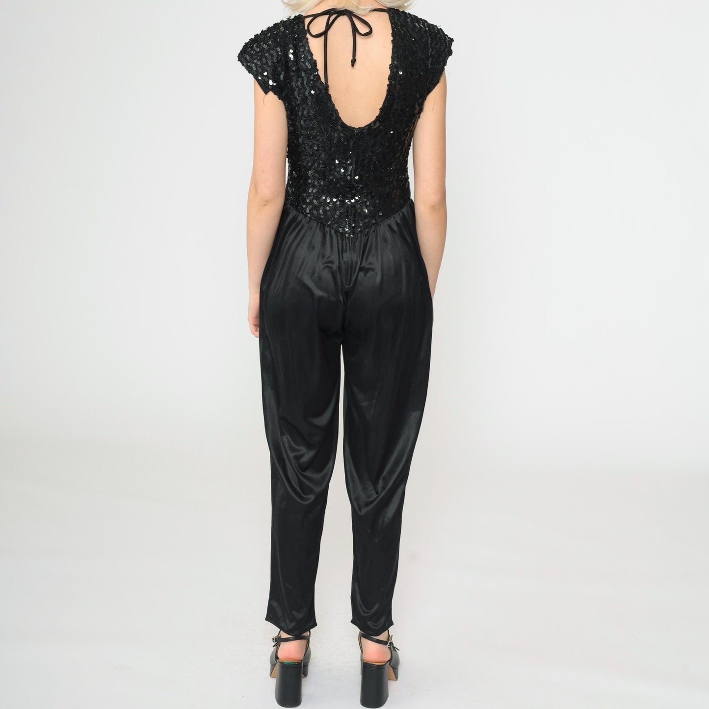 80s Black Sequin Jumpsuit Disco Keyhole Open Back Cap Sleeve Small