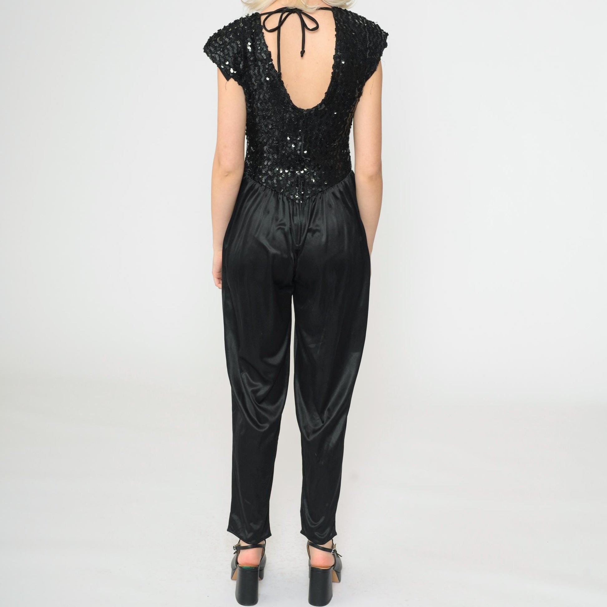 80s Black Sequin Jumpsuit Disco Keyhole Open Back Cap Sleeve Small