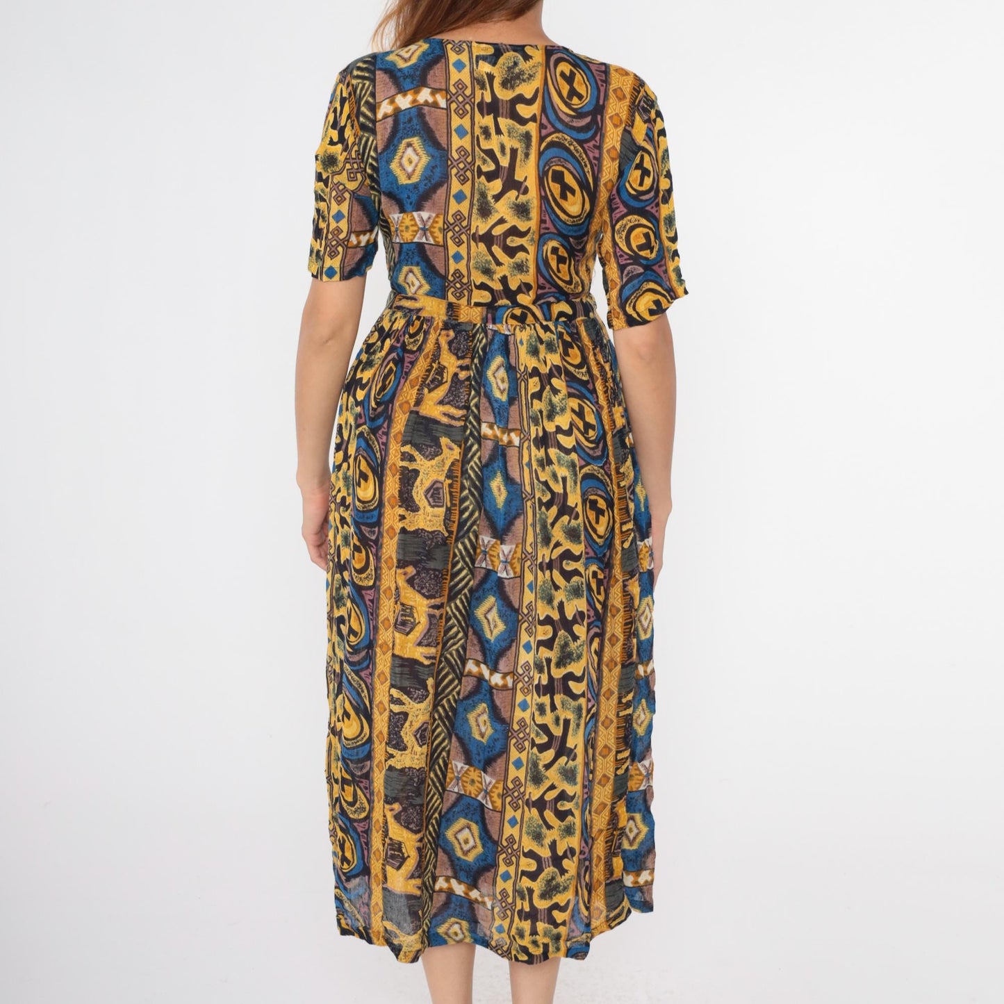 90s MintMode Geometric Horse Print Midi Dress Button Front Yellow Blue Small S
