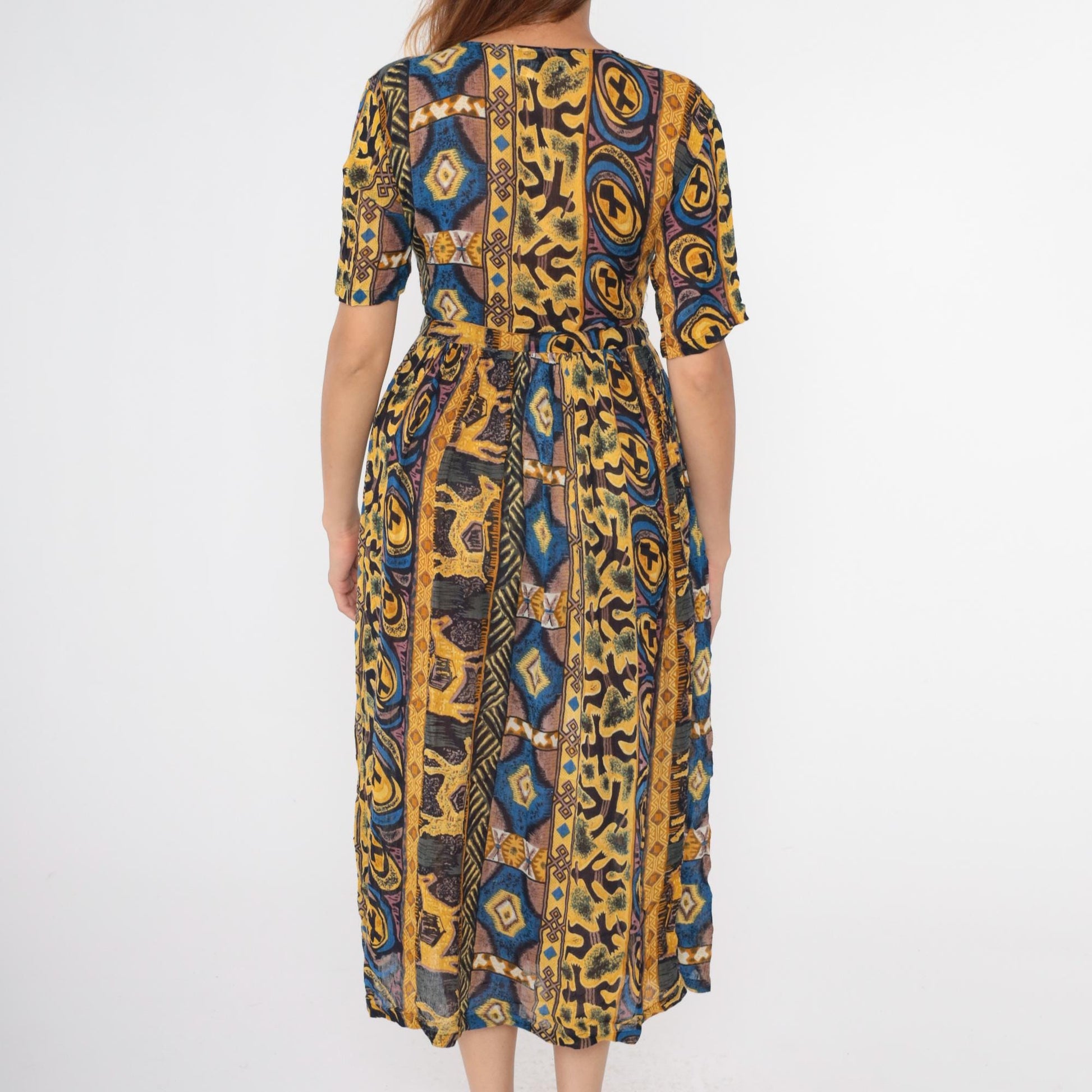90s MintMode Geometric Horse Print Midi Dress Button Front Yellow Blue Small S