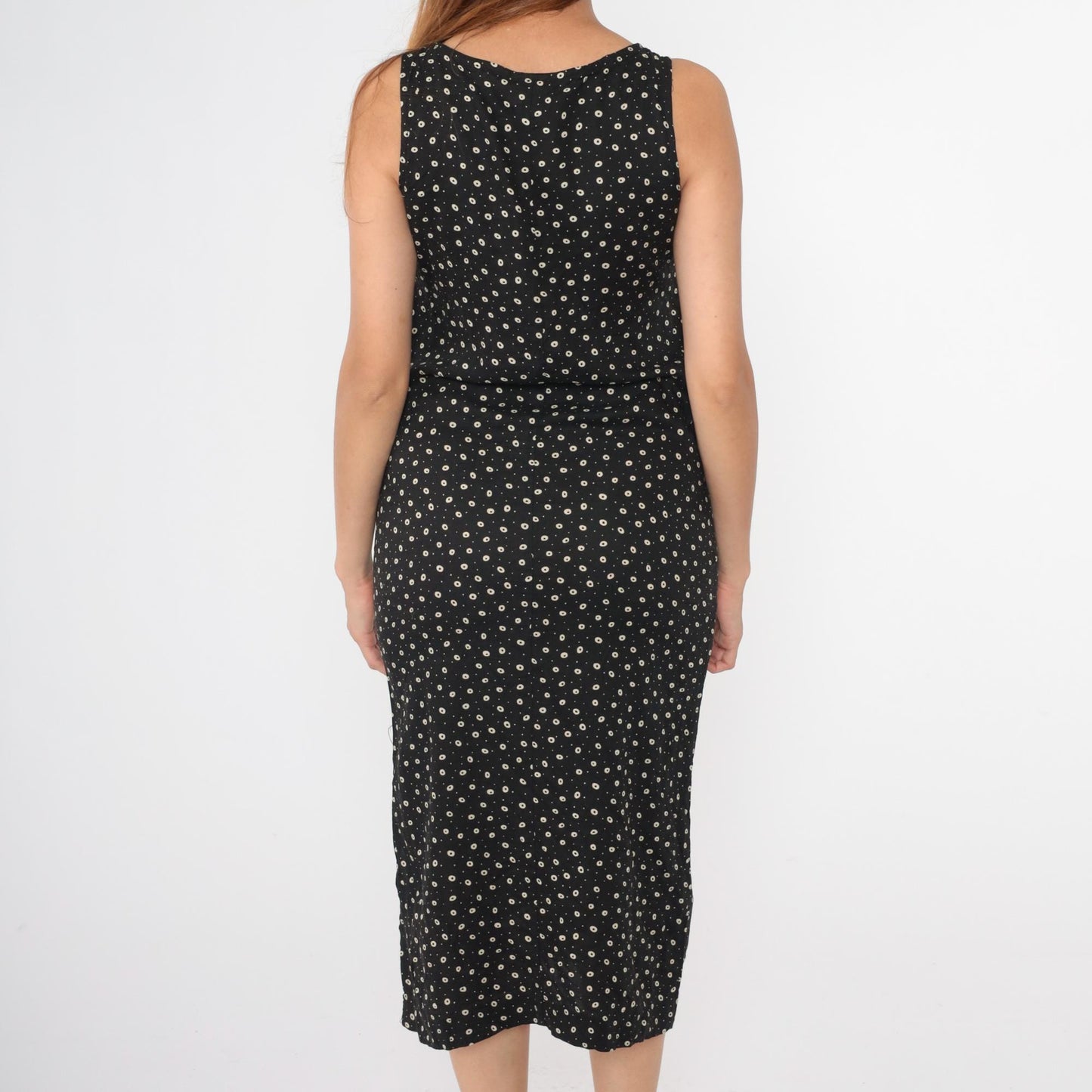 90s Teddi Dresses Black White Polka Dot Midi Sheath Sleeveless Small