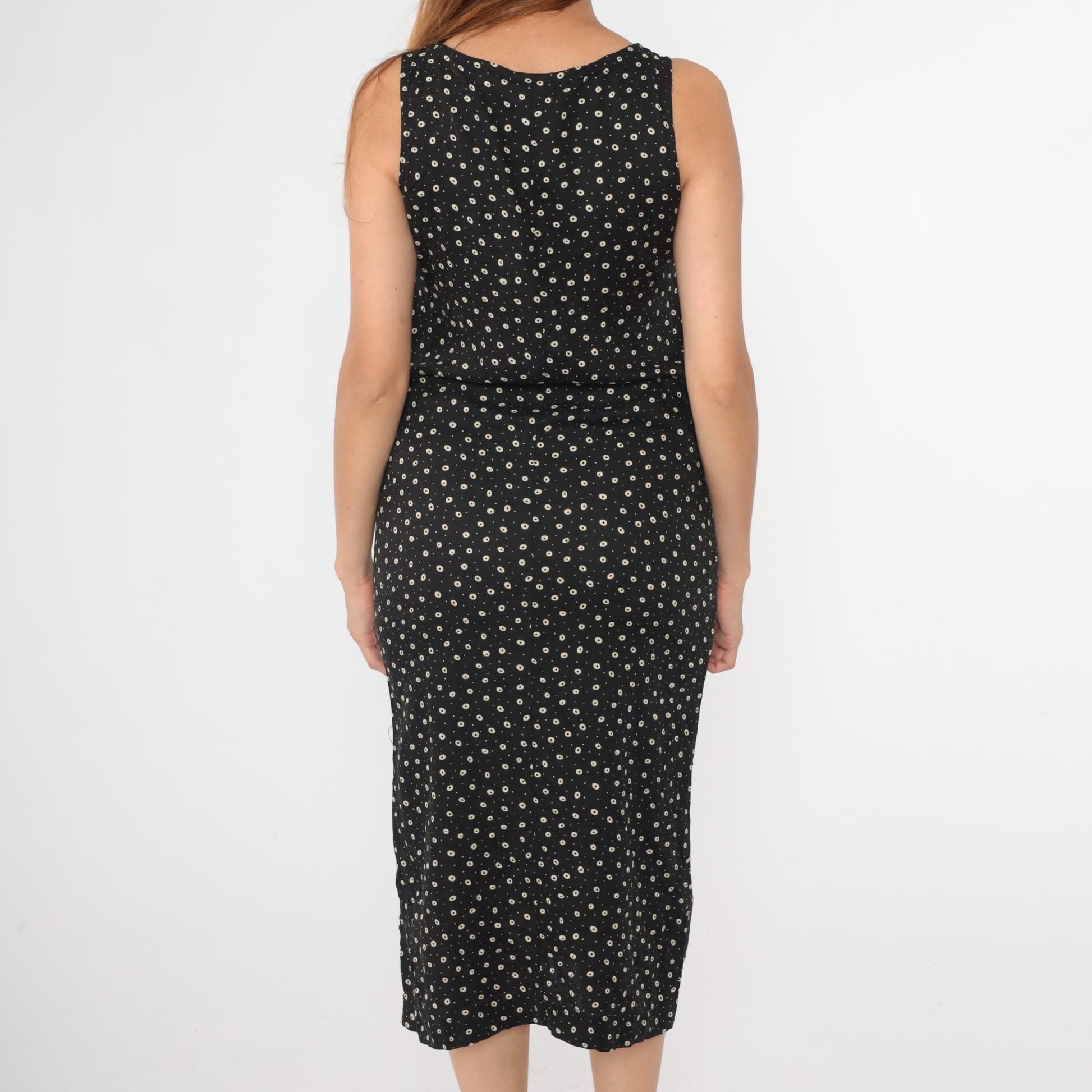 90s Teddi Dresses Black White Polka Dot Midi Sheath Sleeveless Small