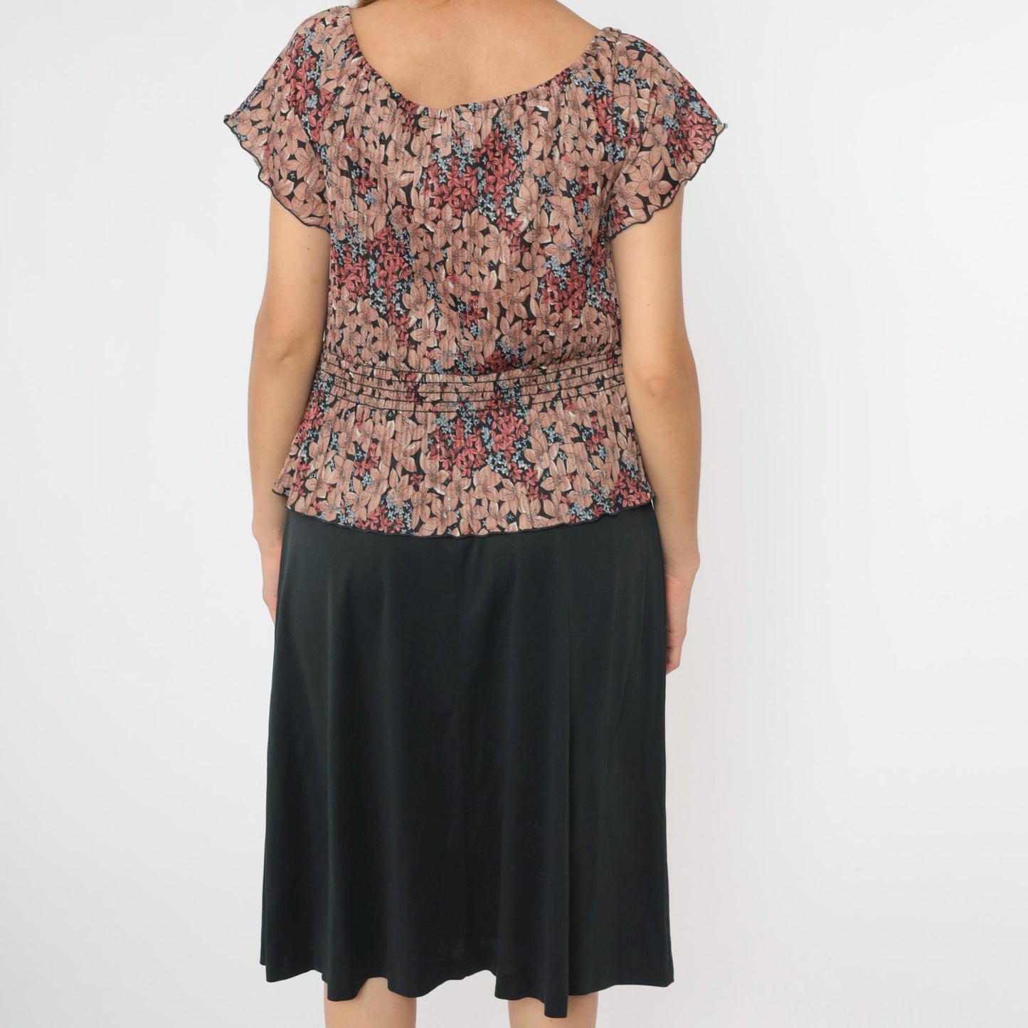 70s Floral Midi Dress Black Peplum Smocked Waist Flutter Sleeve Large