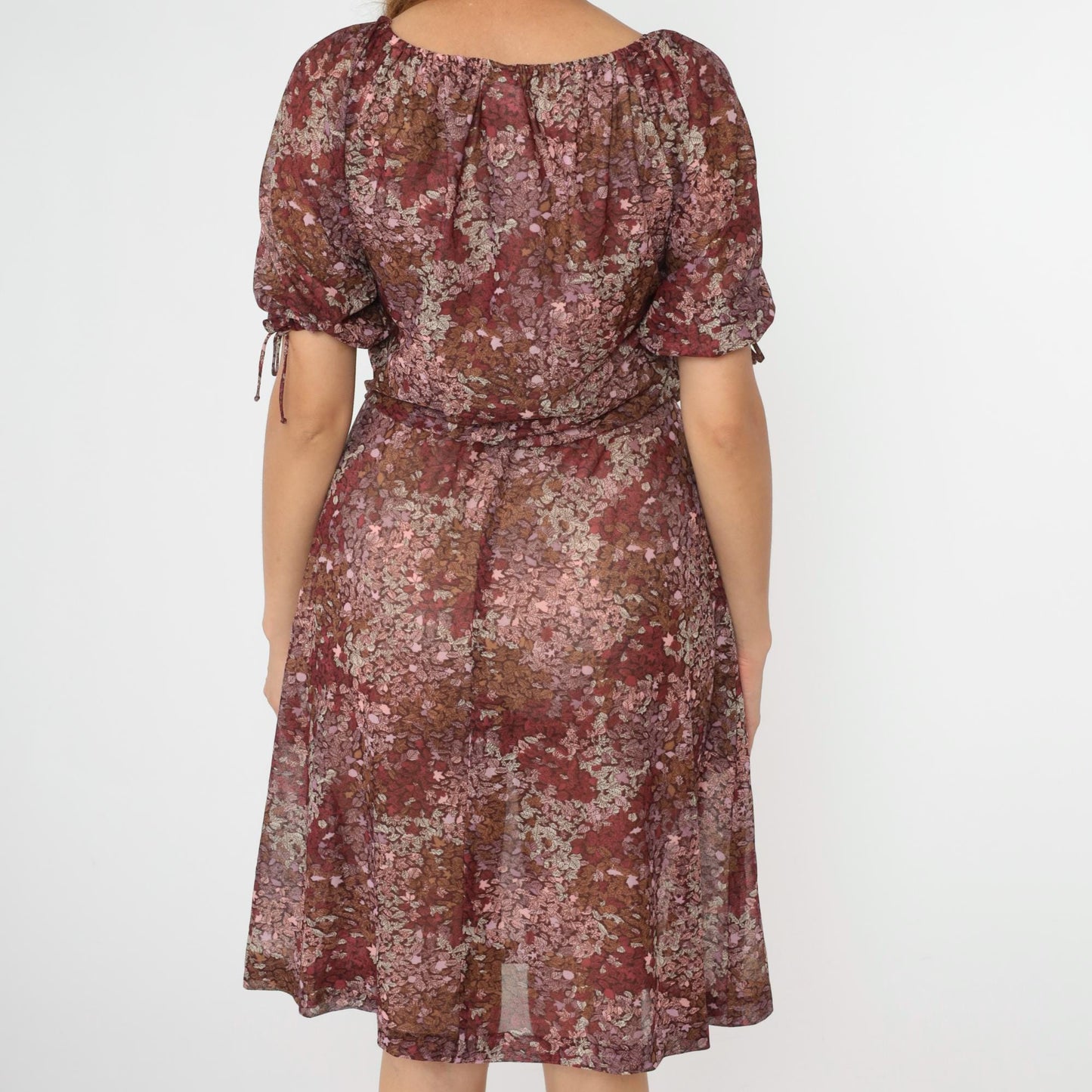 70s Floral Peasant Midi Dress High Waist Puff Sleeve Burgundy Pink Small