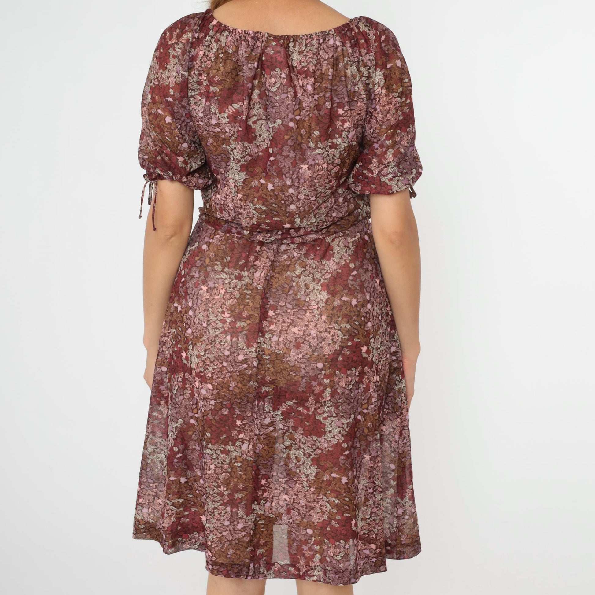 70s Floral Peasant Midi Dress High Waist Puff Sleeve Burgundy Pink Small