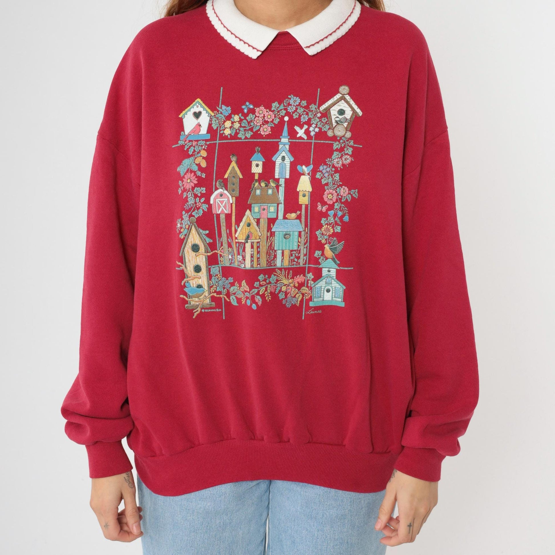 90s Morning Sun Red Birdhouse Collared Sweatshirt Graphic Jumper Extra Large