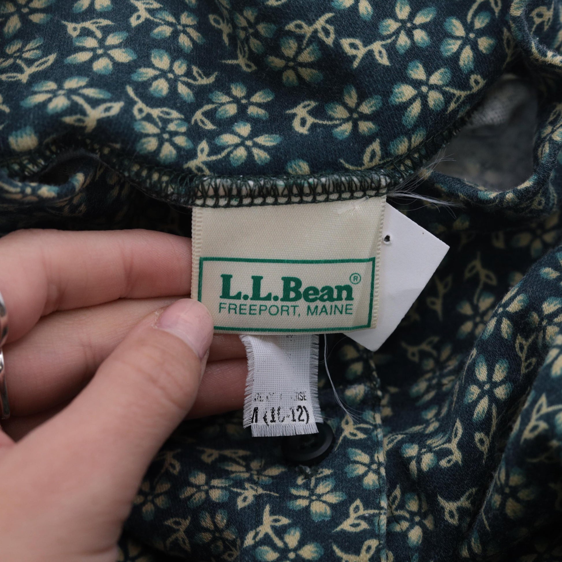 90s L.L. Bean Floral Midi Shirt Dress Green Button-Up Long Sleeve Medium