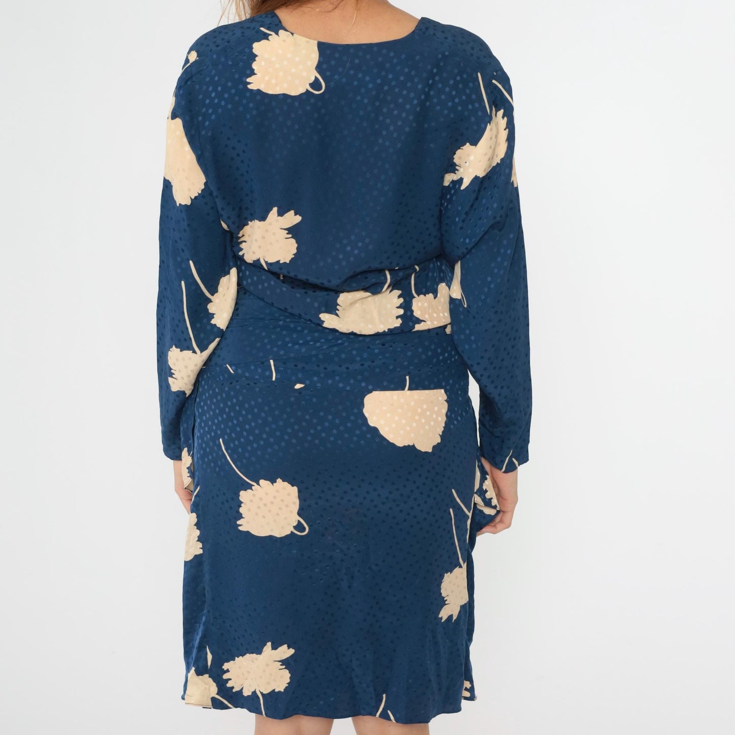 80s Liancarlo Per Cache Silk Midi Dress Navy Floral Peplum Small 4