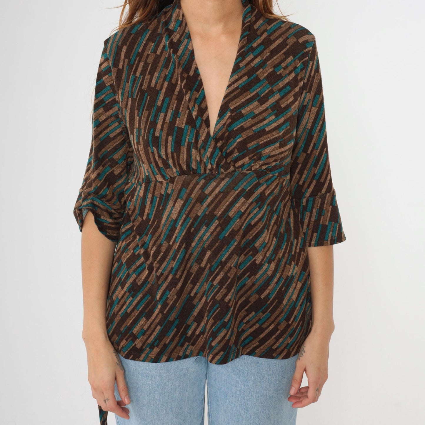 Y2K Briggs New York Striped Blouse Empire Waist Deep V Neck Brown Teal Large Petite