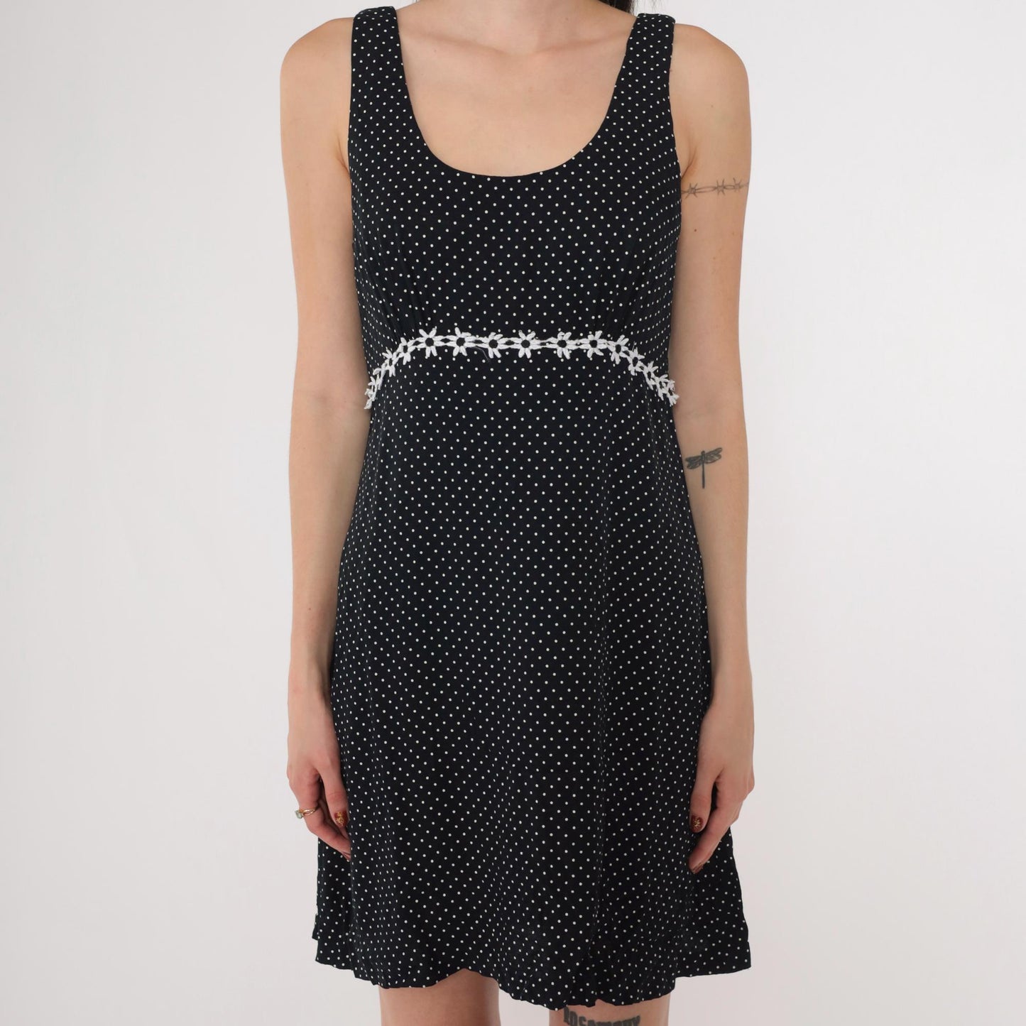 90s Black and White Polka Dot Mini Dress Empire Waist Daisy Trim Small