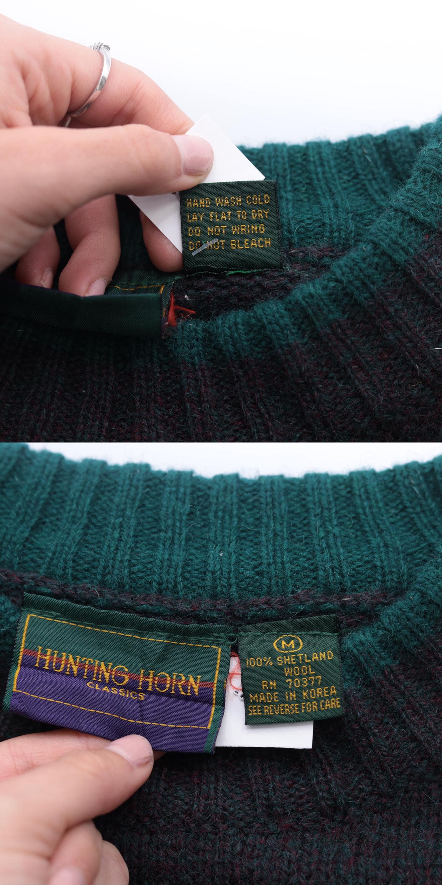 90s Hunting Horn Classics Shetland Wool Sweater Flecked Red Green Crest Medium