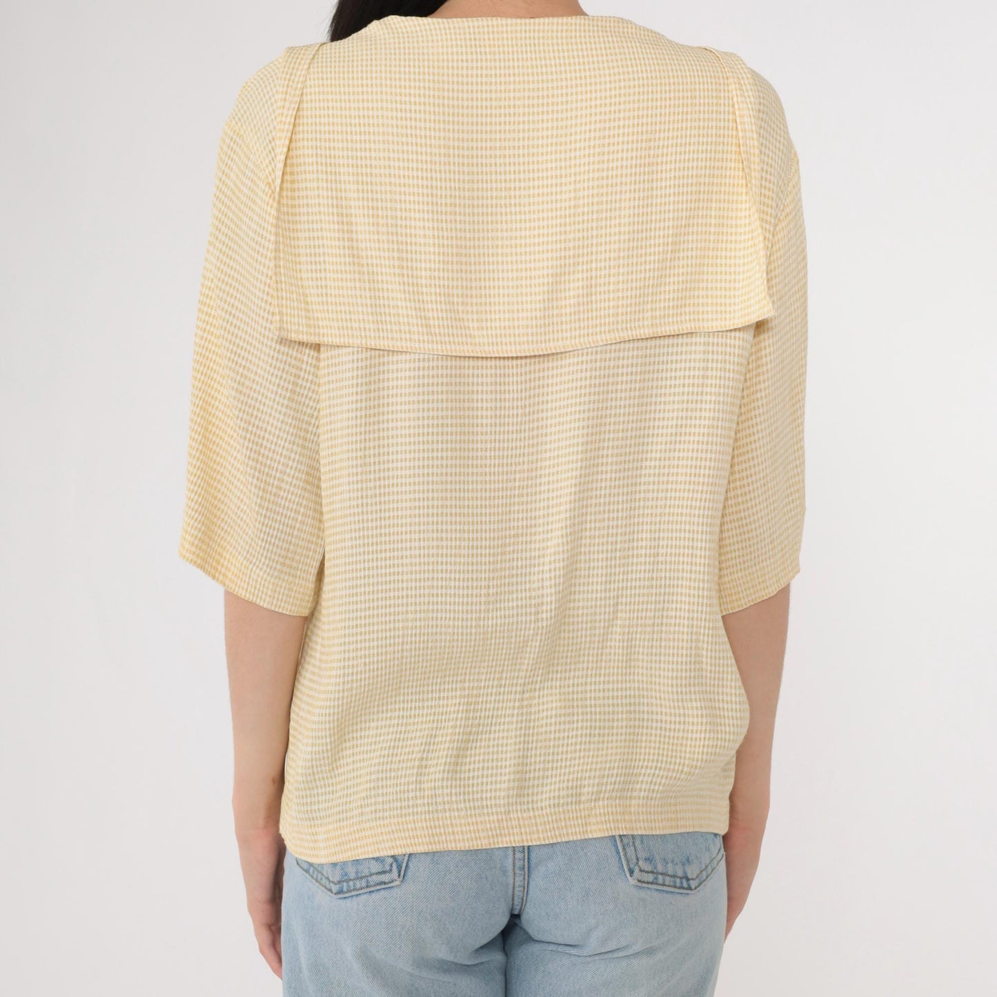 90s Yellow Gingham Sailor Collar Button-Up Blouse Half Sleeve Medium