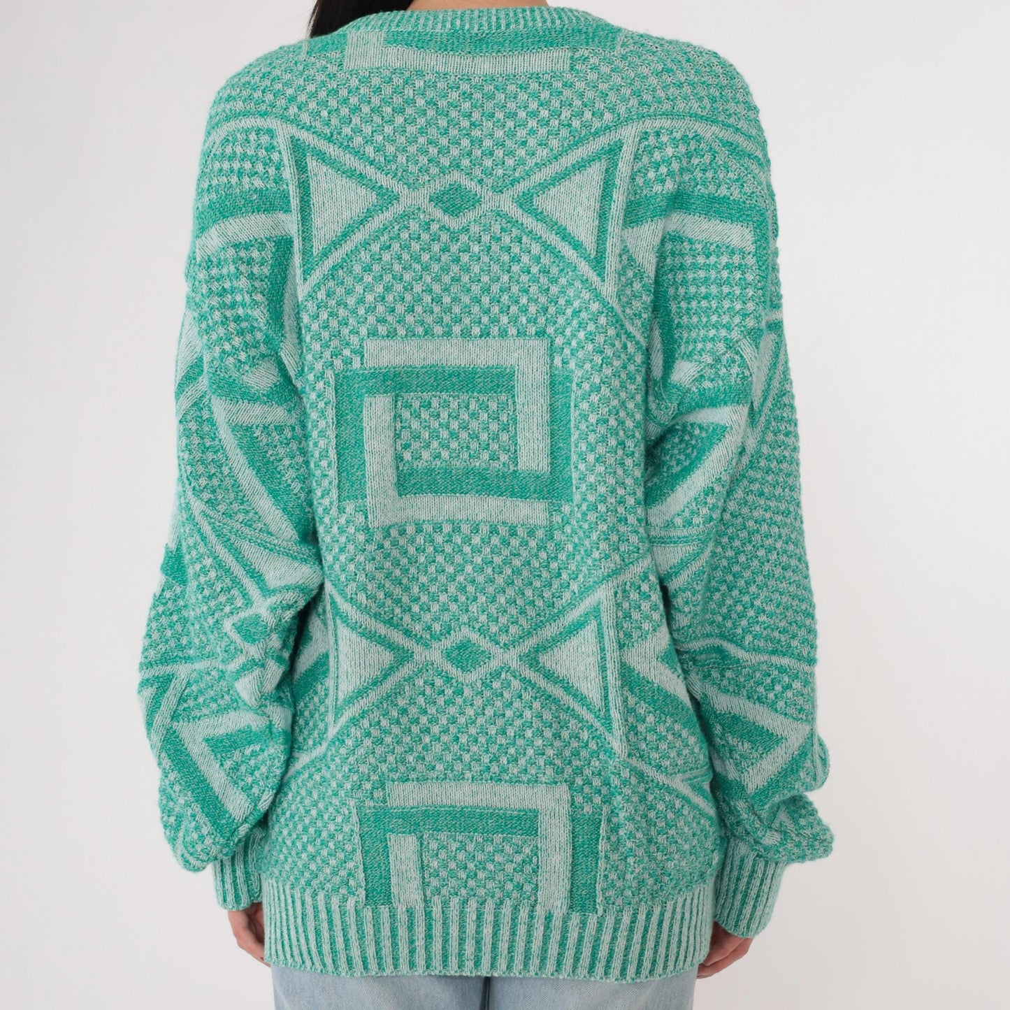 90s Jantzen Geometric Knit Sweater Green White Crewneck Large