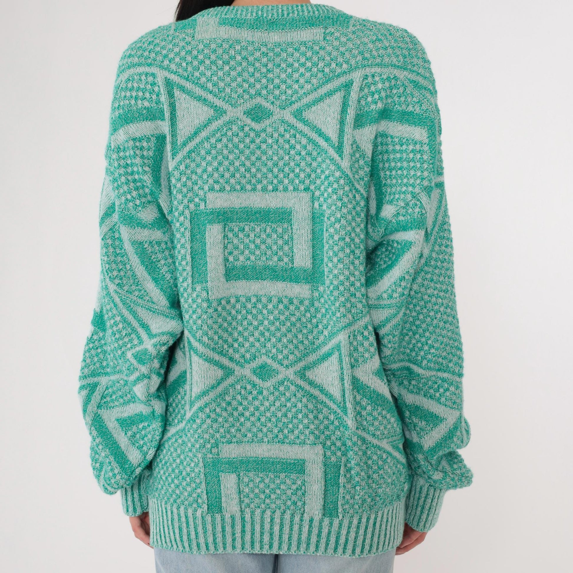 90s Jantzen Geometric Knit Sweater Green White Crewneck Large