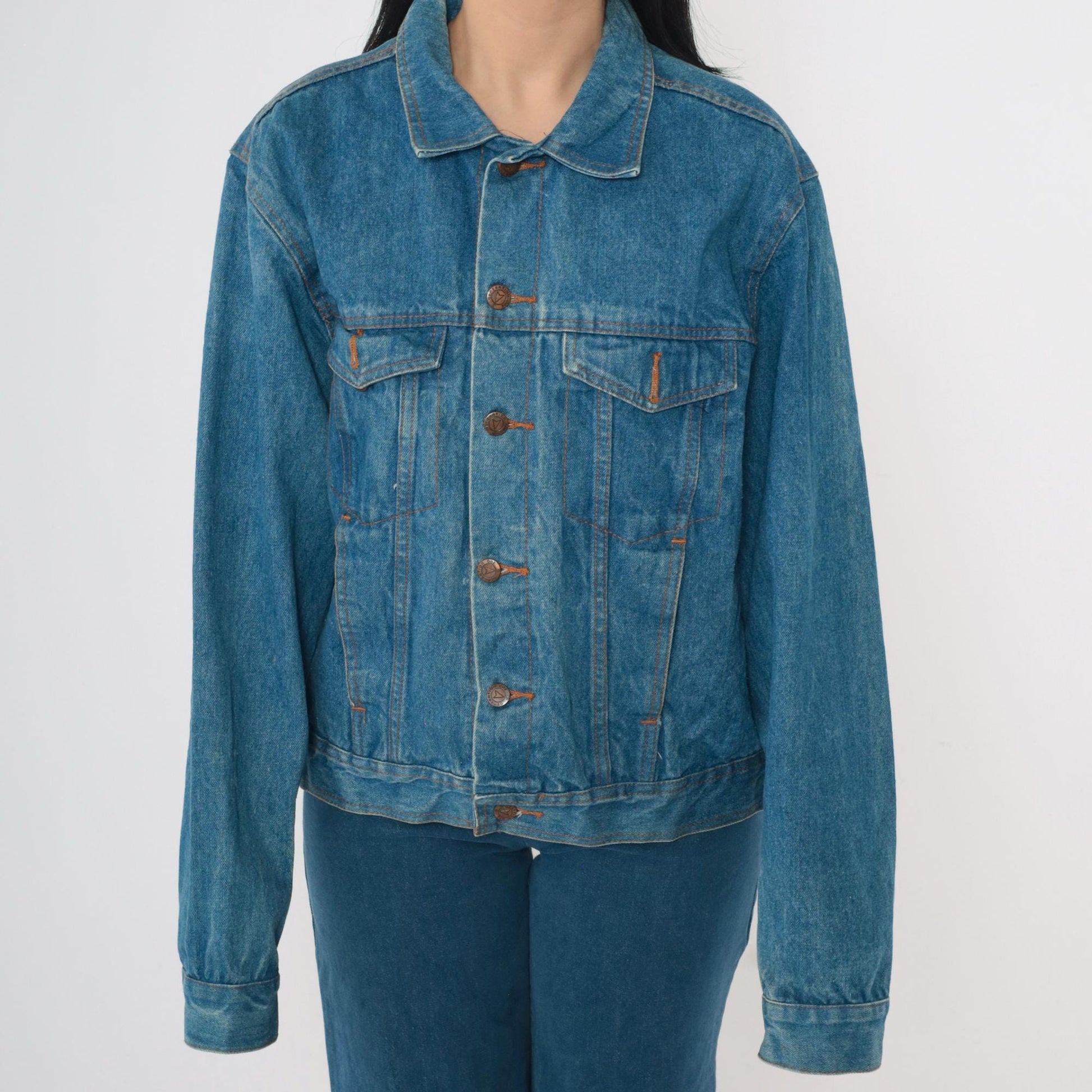 90s Blue Denim Jacket Button-Up Cotton Medium M