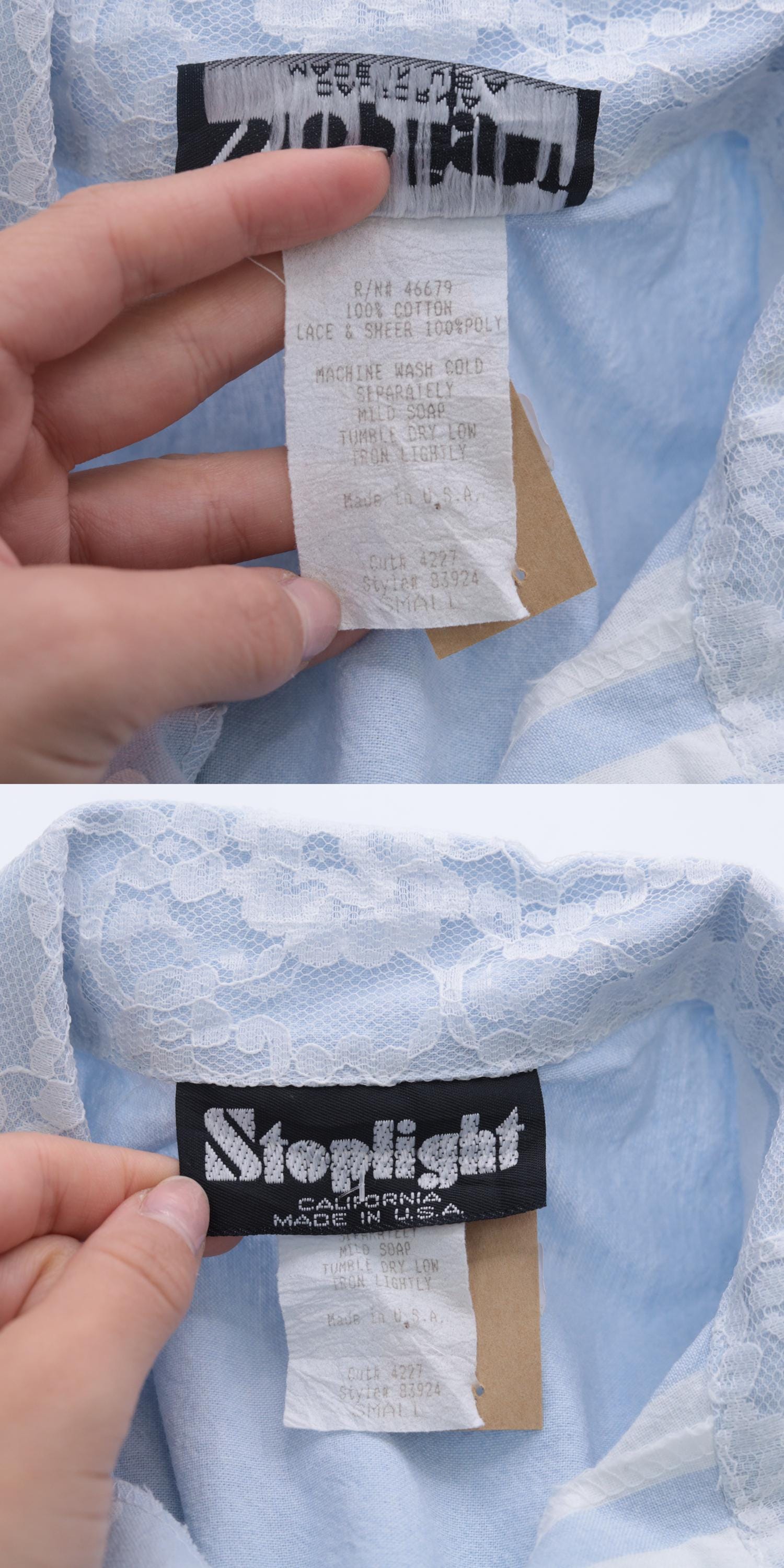 90s Baby Blue Polka Dot Striped Button Up Crop Top Chiffon Lace Small