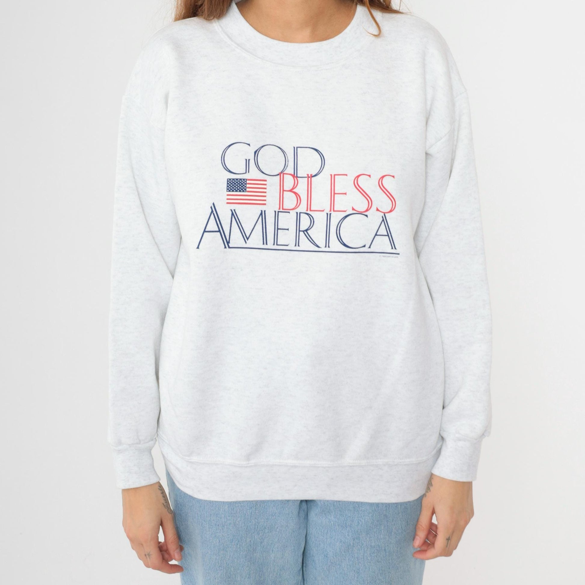 90s God Bless America Sweatshirt Heather Grey Graphic Crewneck Large